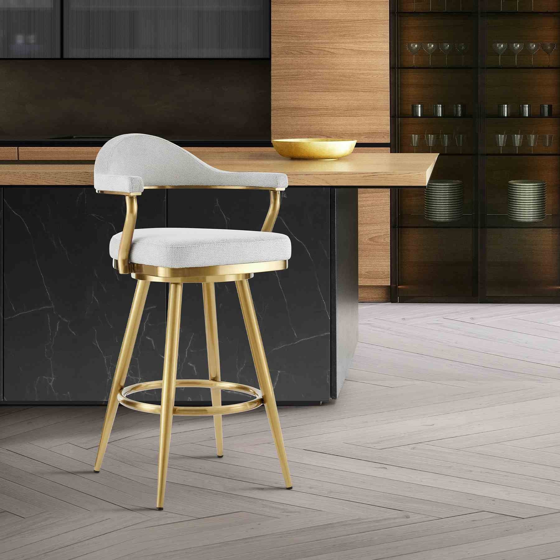 Justin 26" Swivel Counter Stool with Gold Brushed Stainless Steel and Silver Fabric - Image 10