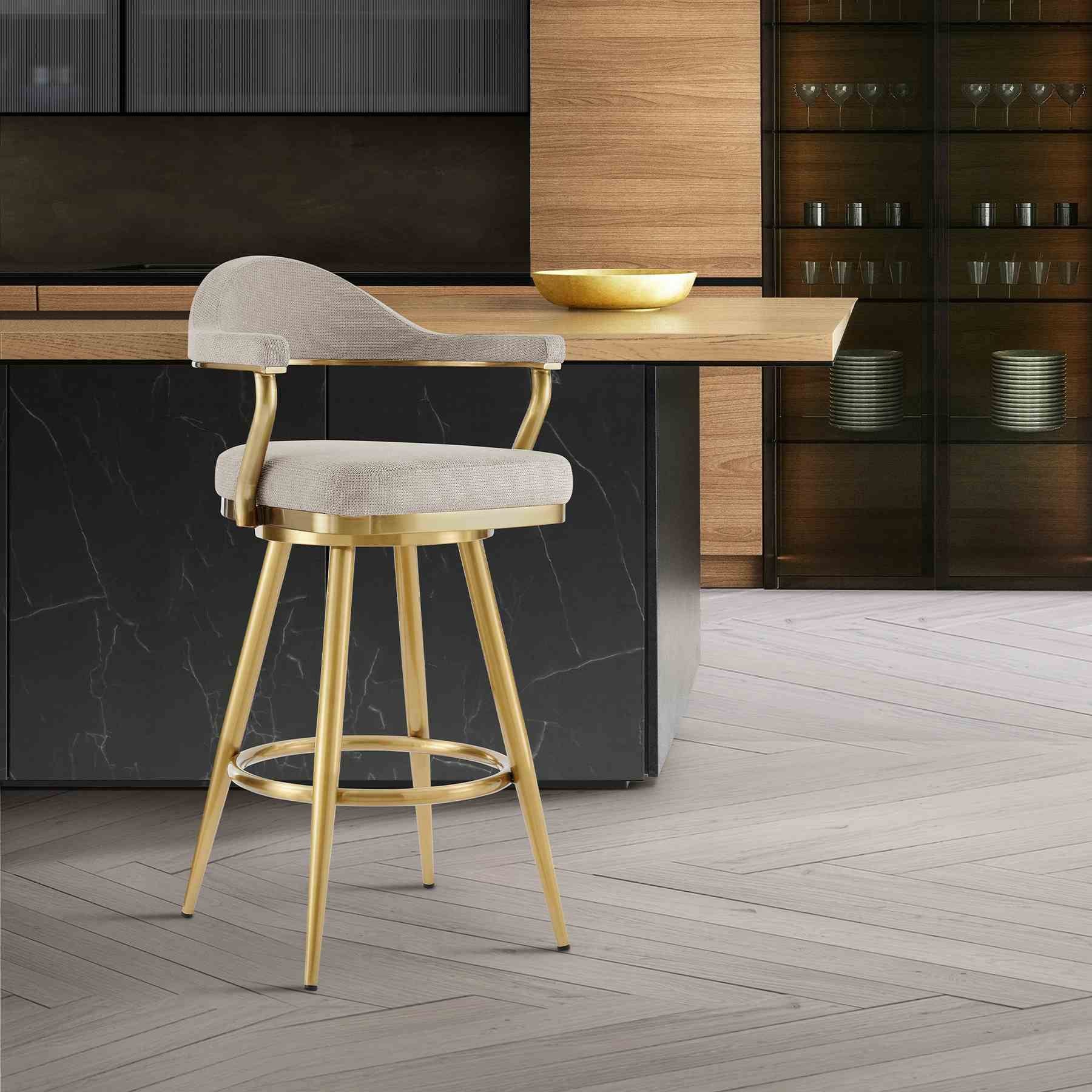 Justin 26" Swivel Counter Stool with Gold Brushed Stainless Steel and Taupe Fabric - Image 10
