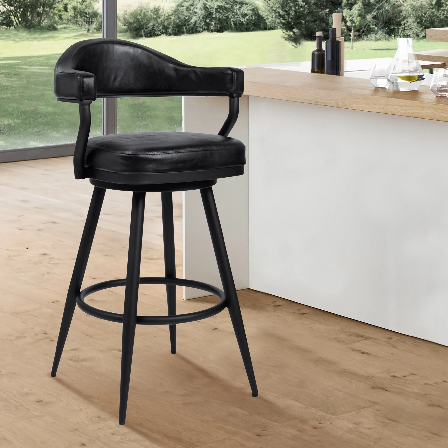 Justin 30" Bar Height Swivel Vintage Black Faux Leather Bar Stool with Black Metal Legs - Image 7