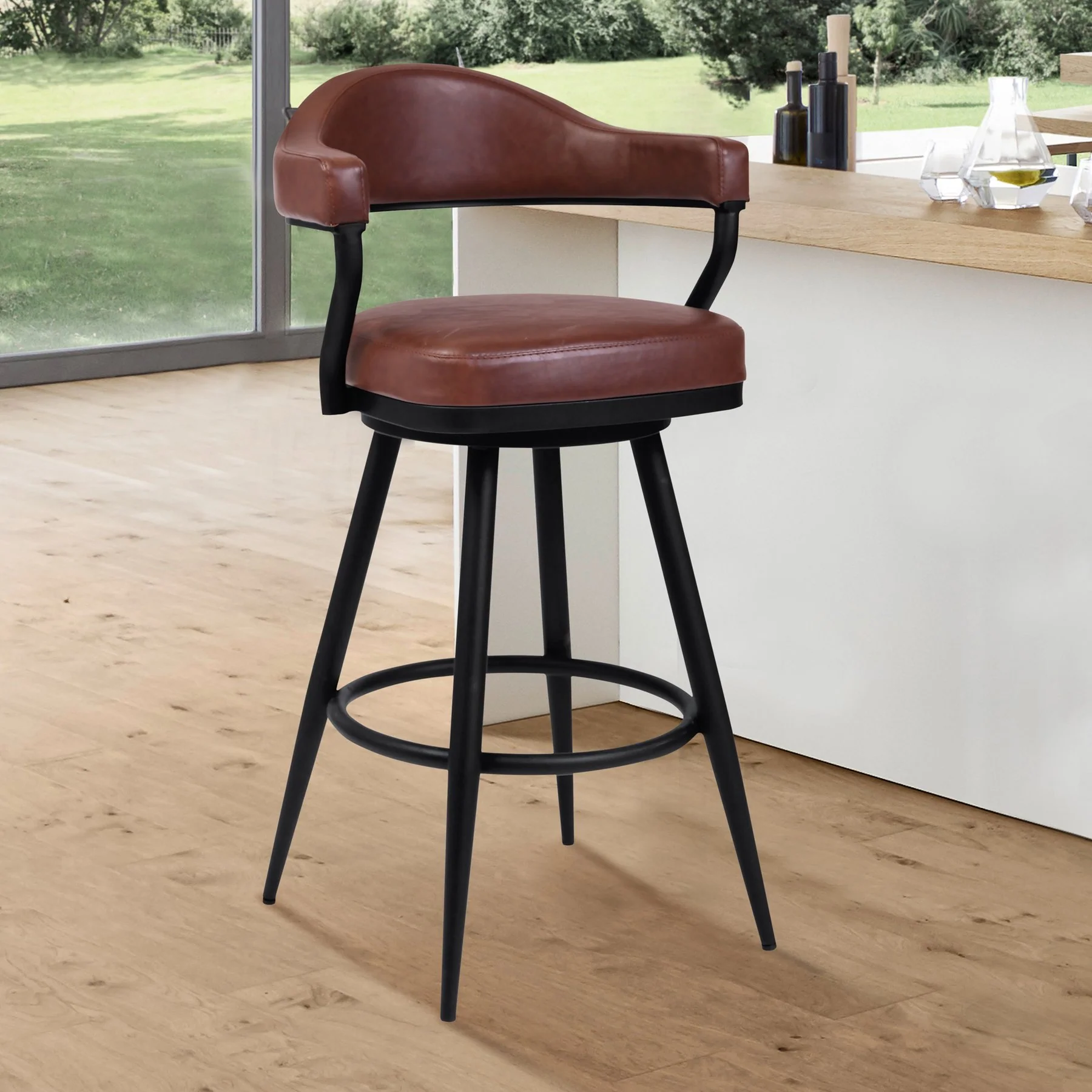 Justin 30" Bar Height Swivel Vintage Coffee Faux Leather Bar Stool with Black Metal Legs - Image 7