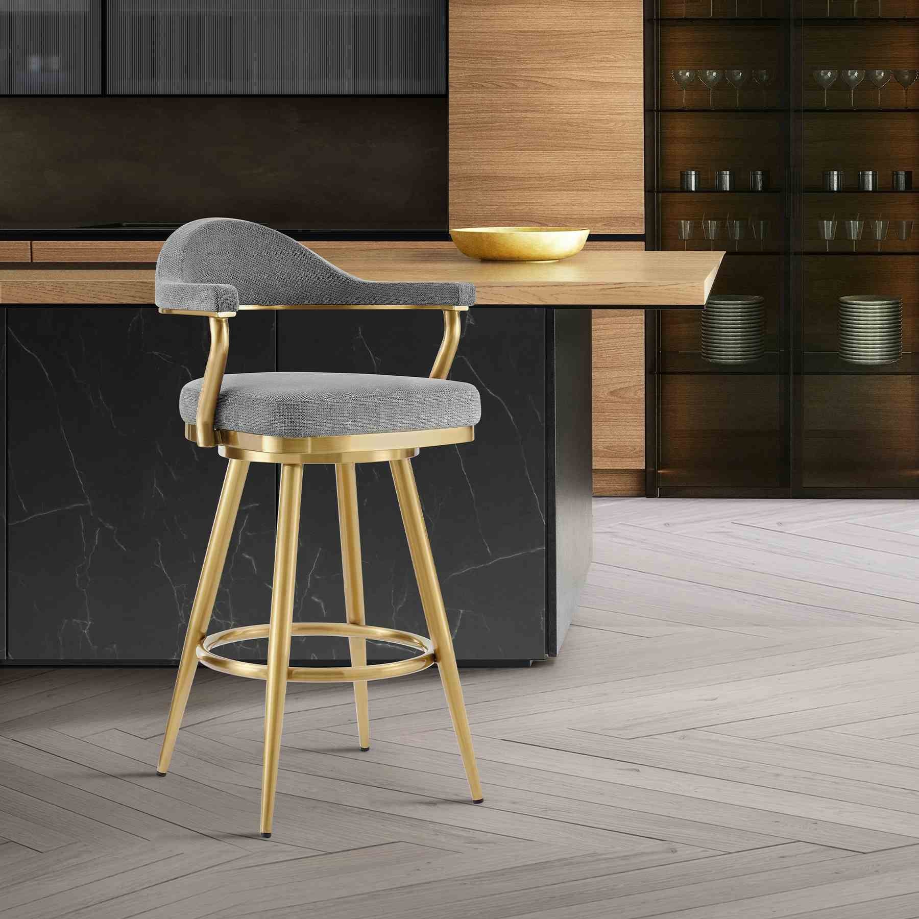 Justin 30" Swivel Bar Stool with Gold Brushed Stainless Steel and Anchor Gray Fabric - Image 10