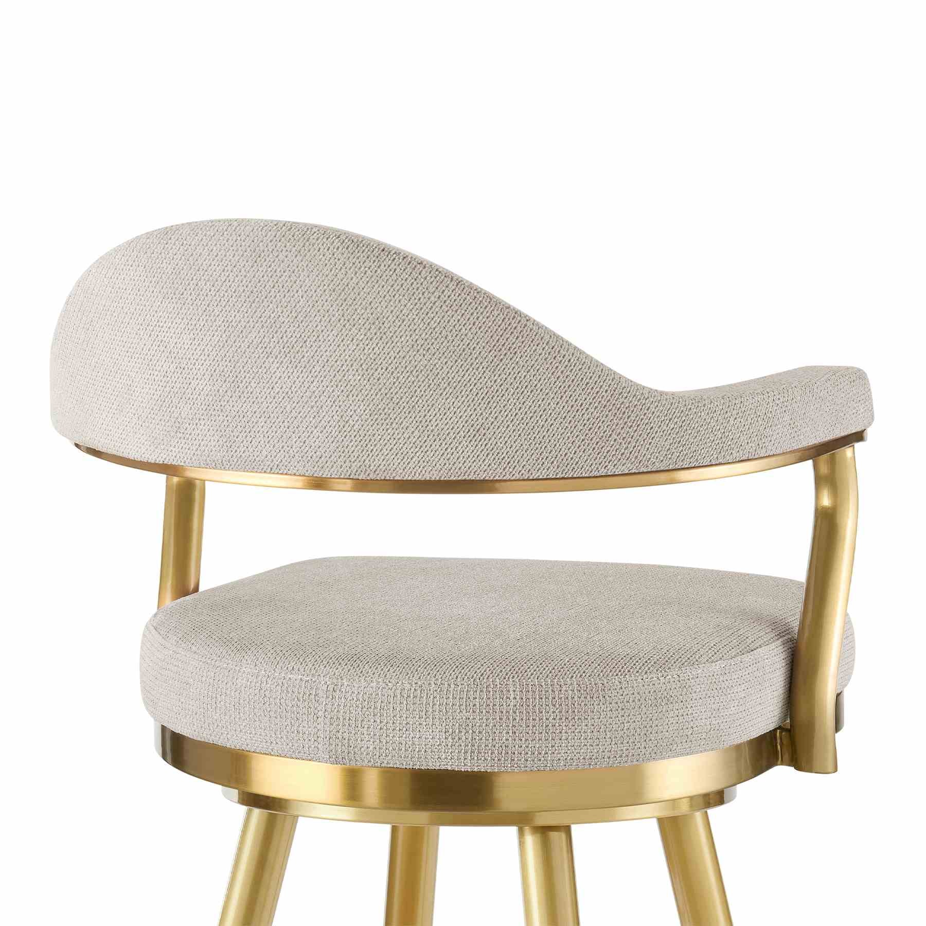 Justin 30" Swivel Bar Stool with Gold Brushed Stainless Steel and Taupe Fabric - Image 5