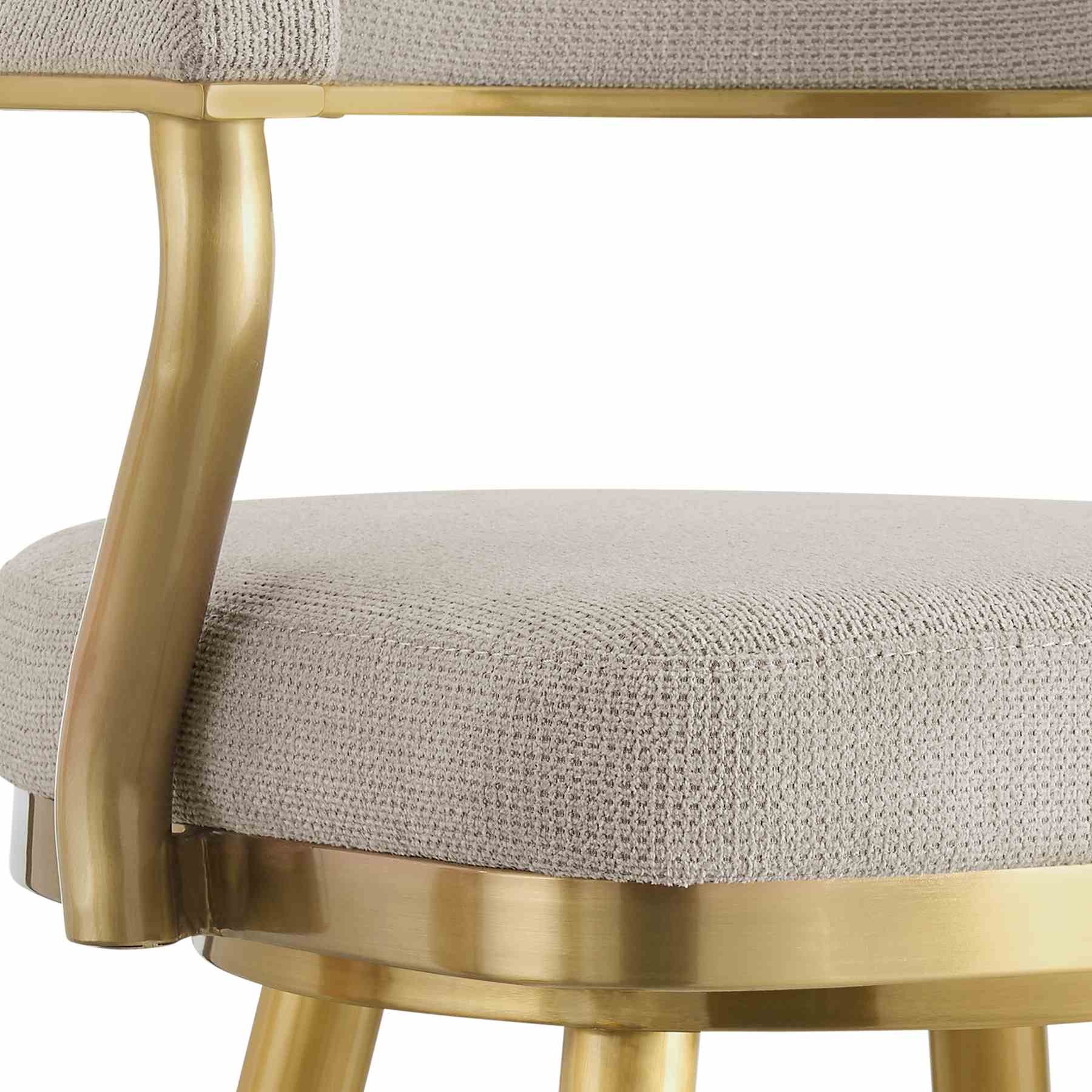 Justin 30" Swivel Bar Stool with Gold Brushed Stainless Steel and Taupe Fabric - Image 6