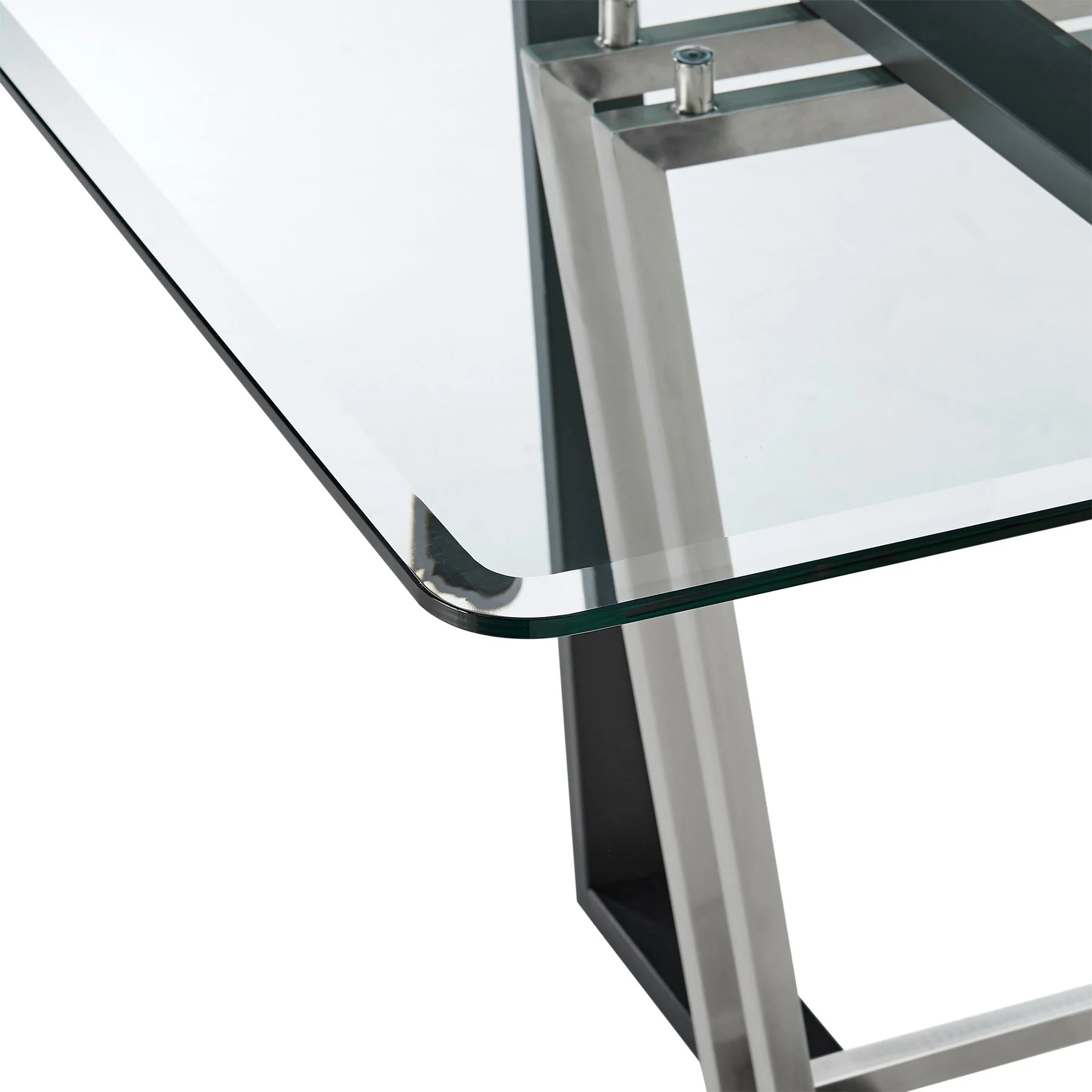 Kai 72" Rectangular Dining Table in Black Iron and Brushed Stainless Steel Base with Glass Tabletop - Image 4