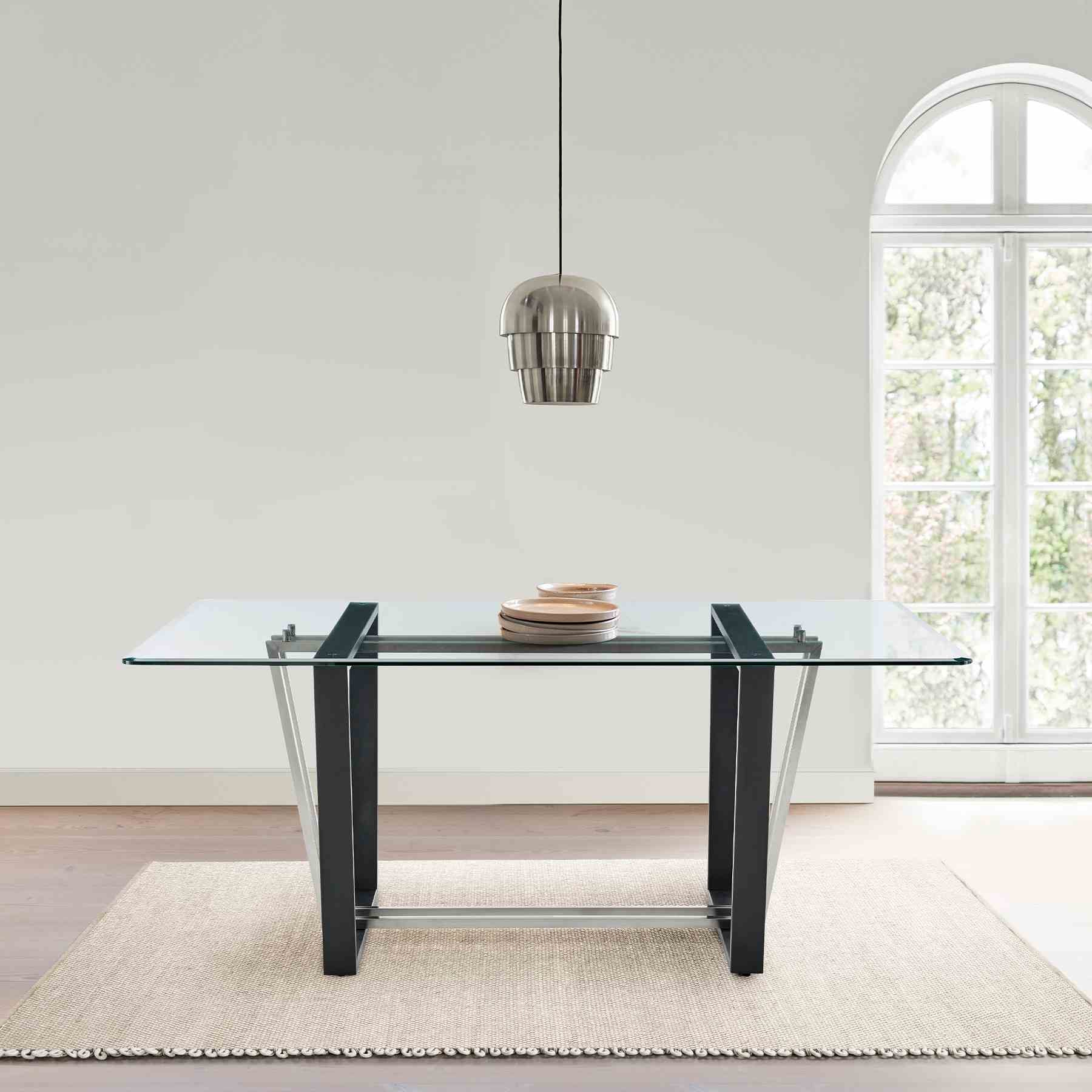 Kai 72" Rectangular Dining Table in Black Iron and Brushed Stainless Steel Base with Glass Tabletop - Image 8