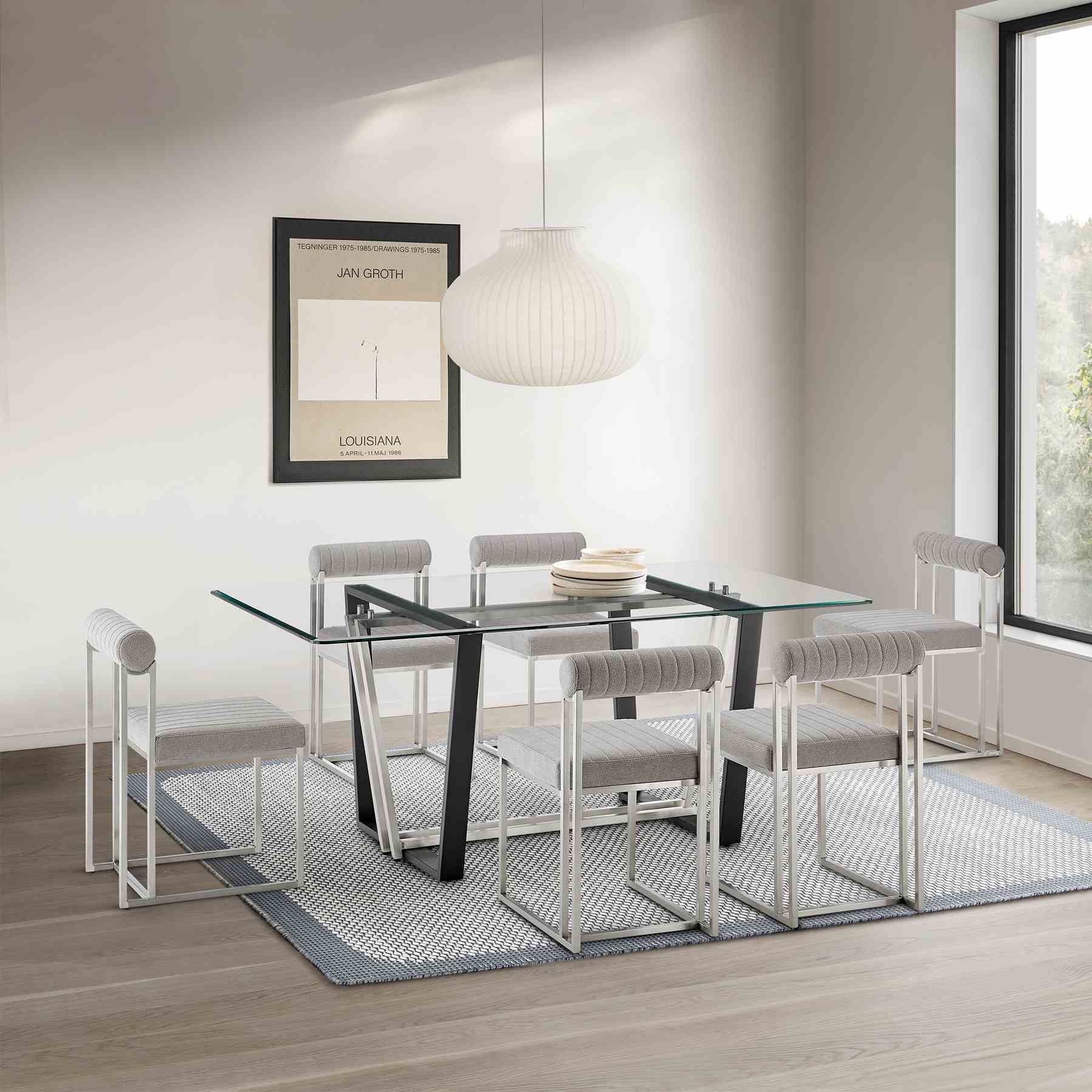 Kai 72" Rectangular Dining Table in Black Iron and Brushed Stainless Steel Base with Glass Tabletop - Image 9