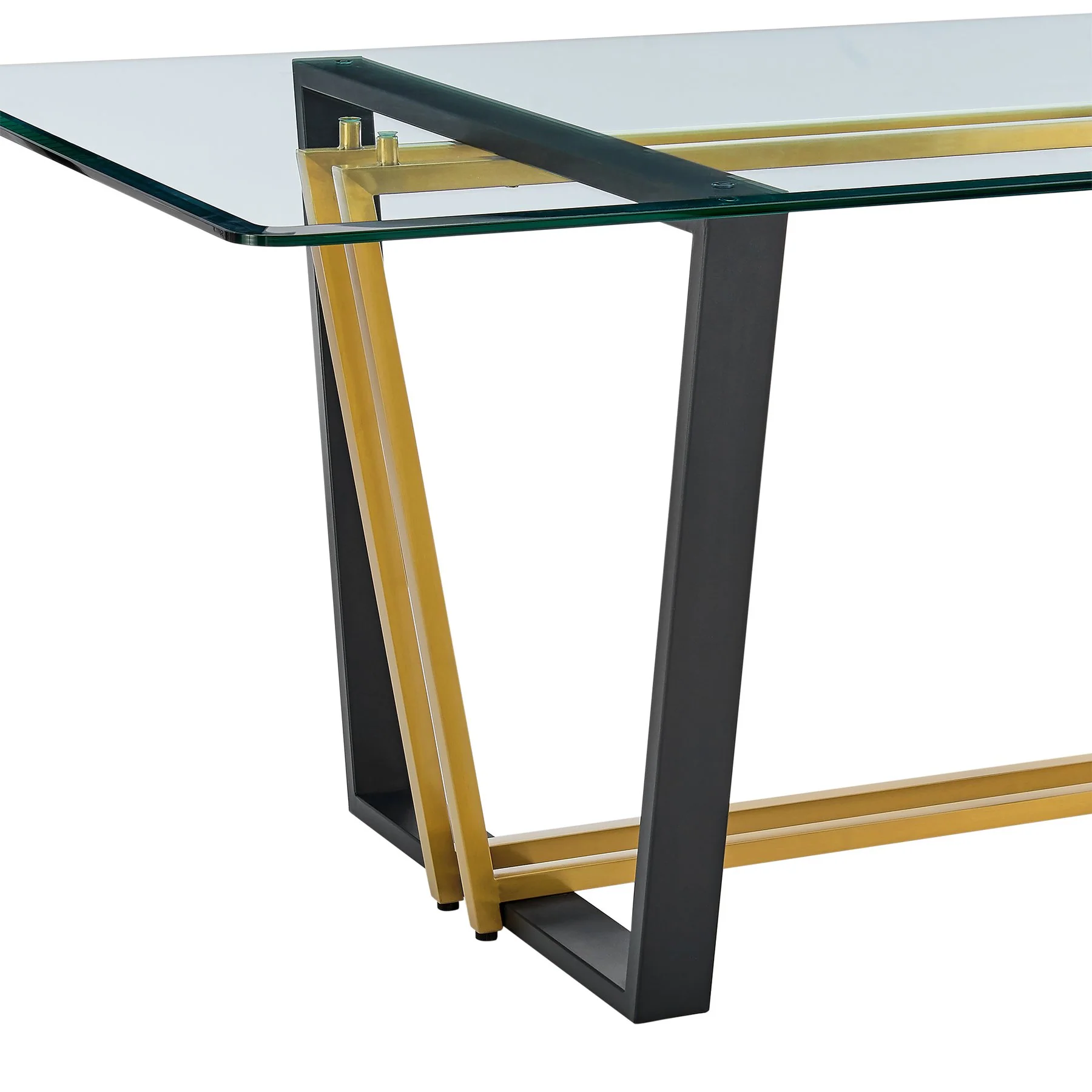Kai 72" Rectangular Dining Table in Gold Stainless Steel and Black Iron Base with Glass Tabletop - Image 5