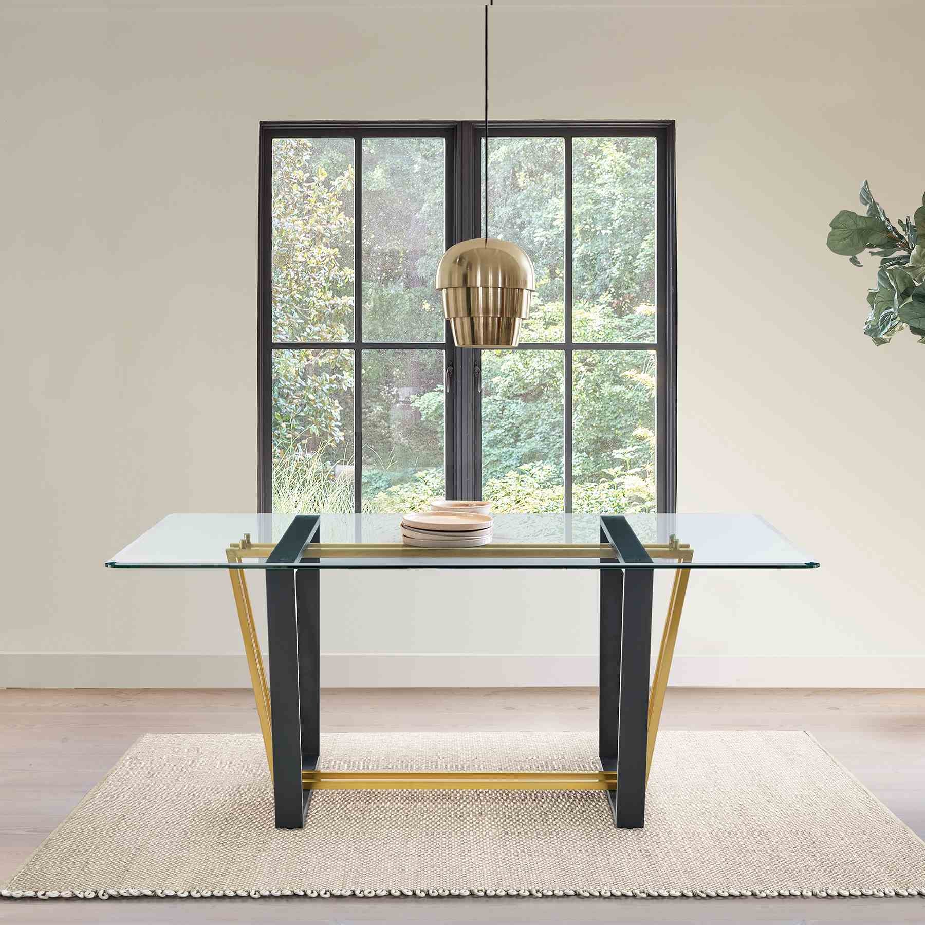 Kai 72" Rectangular Dining Table in Gold Stainless Steel and Black Iron Base with Glass Tabletop - Image 8