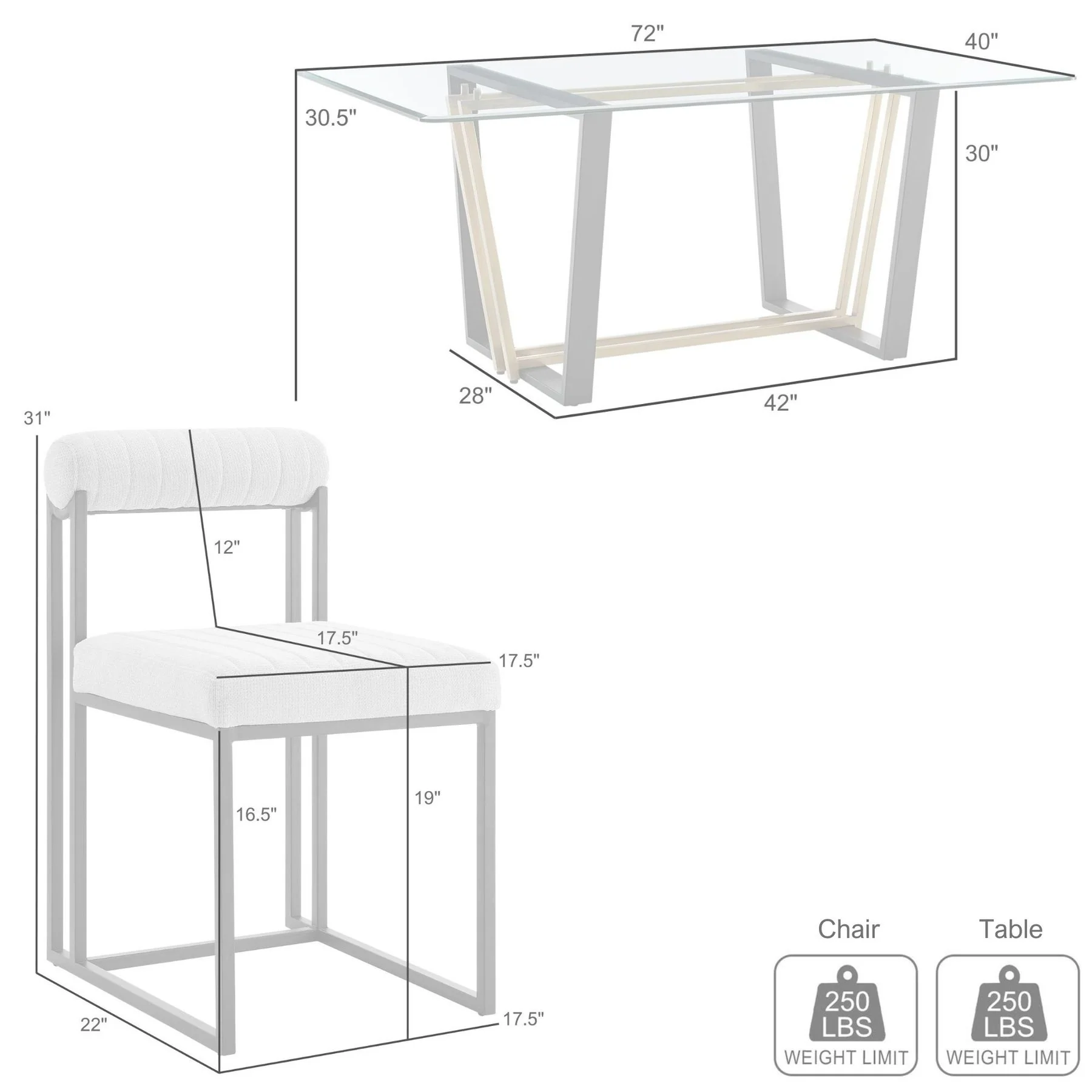 Kai Anastasia 5 Piece Rectangular Glass Dining Table Set with Brushed Stainless Steel and Blue Fabric - Image 10