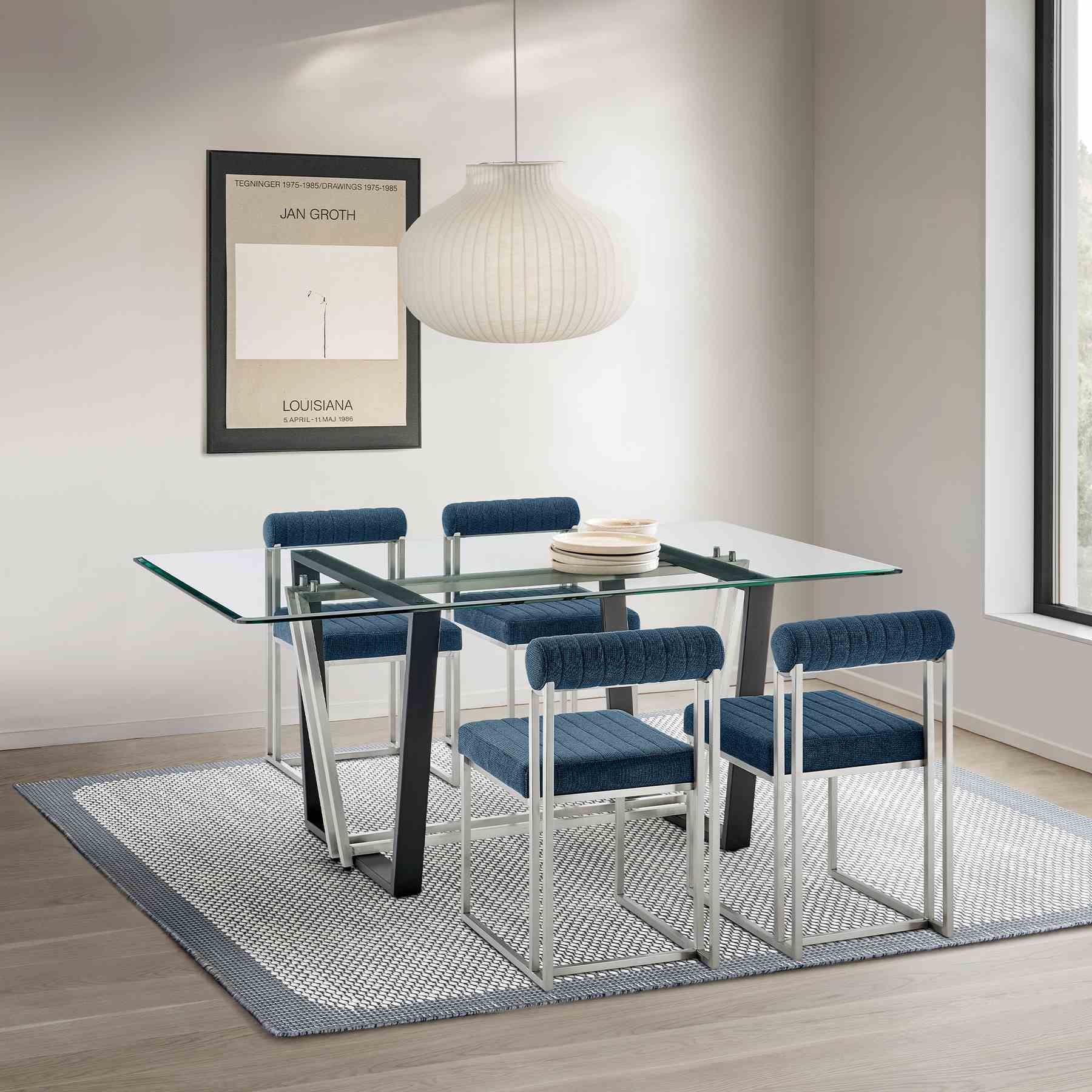 Kai Anastasia 5 Piece Rectangular Glass Dining Table Set with Brushed Stainless Steel and Blue Fabric - Image 11