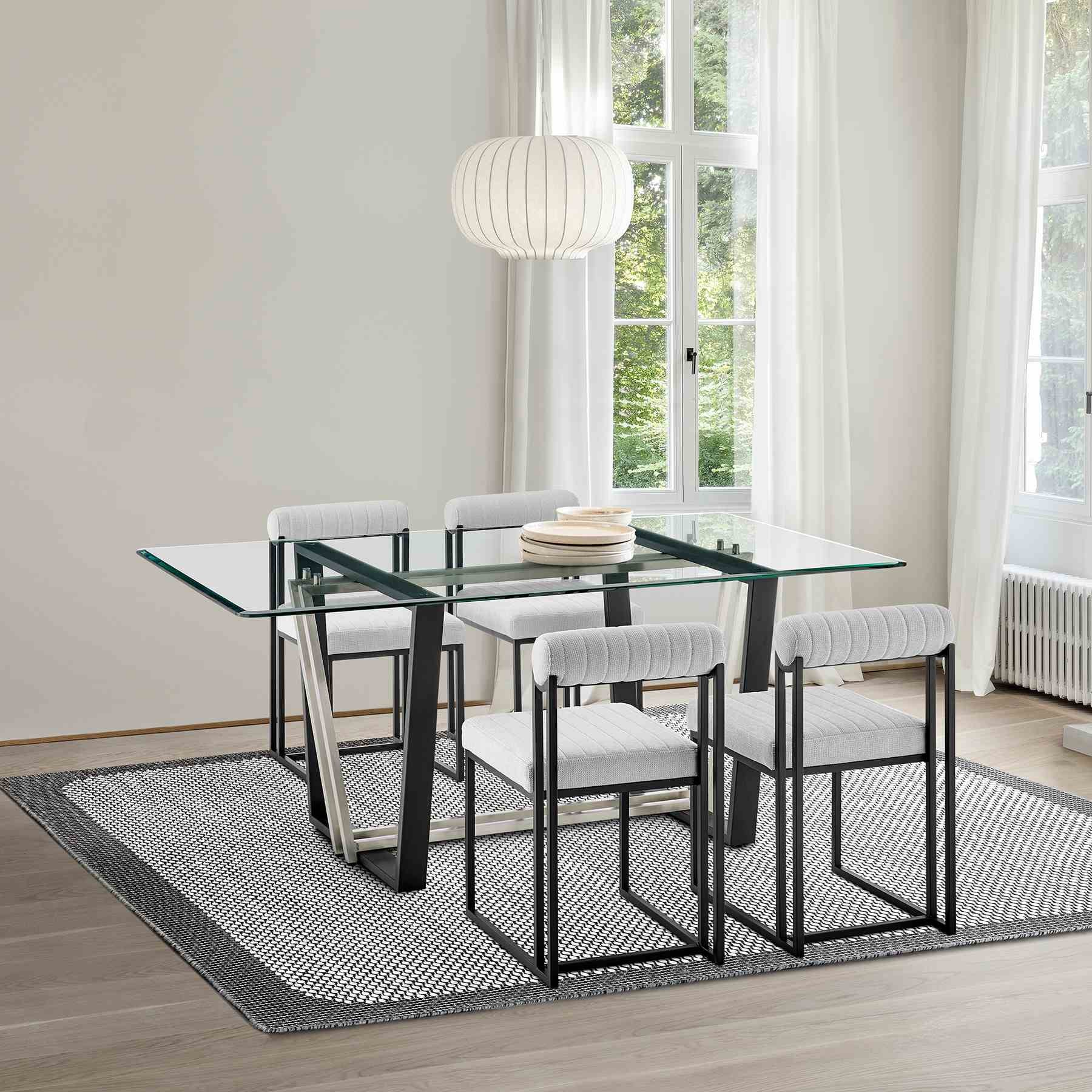 Kai Anastasia 5 Piece Rectangular Glass Dining Table Set with Matte Black Iron and Light Gray Fabric - Image 11