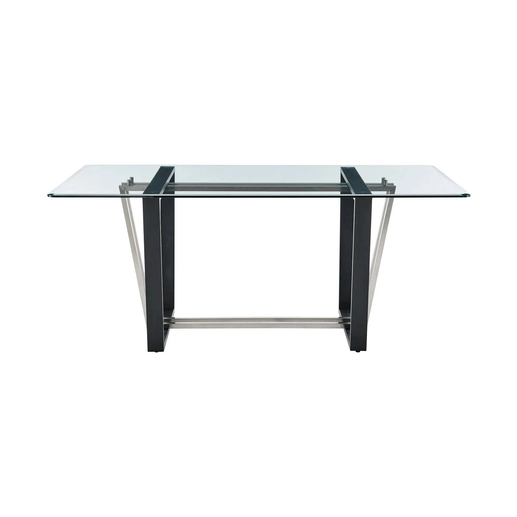 Kai Anastasia 7 Piece Rectangular Glass Dining Table Set with Brushed Stainless Steel and Blue Fabric - Image 4
