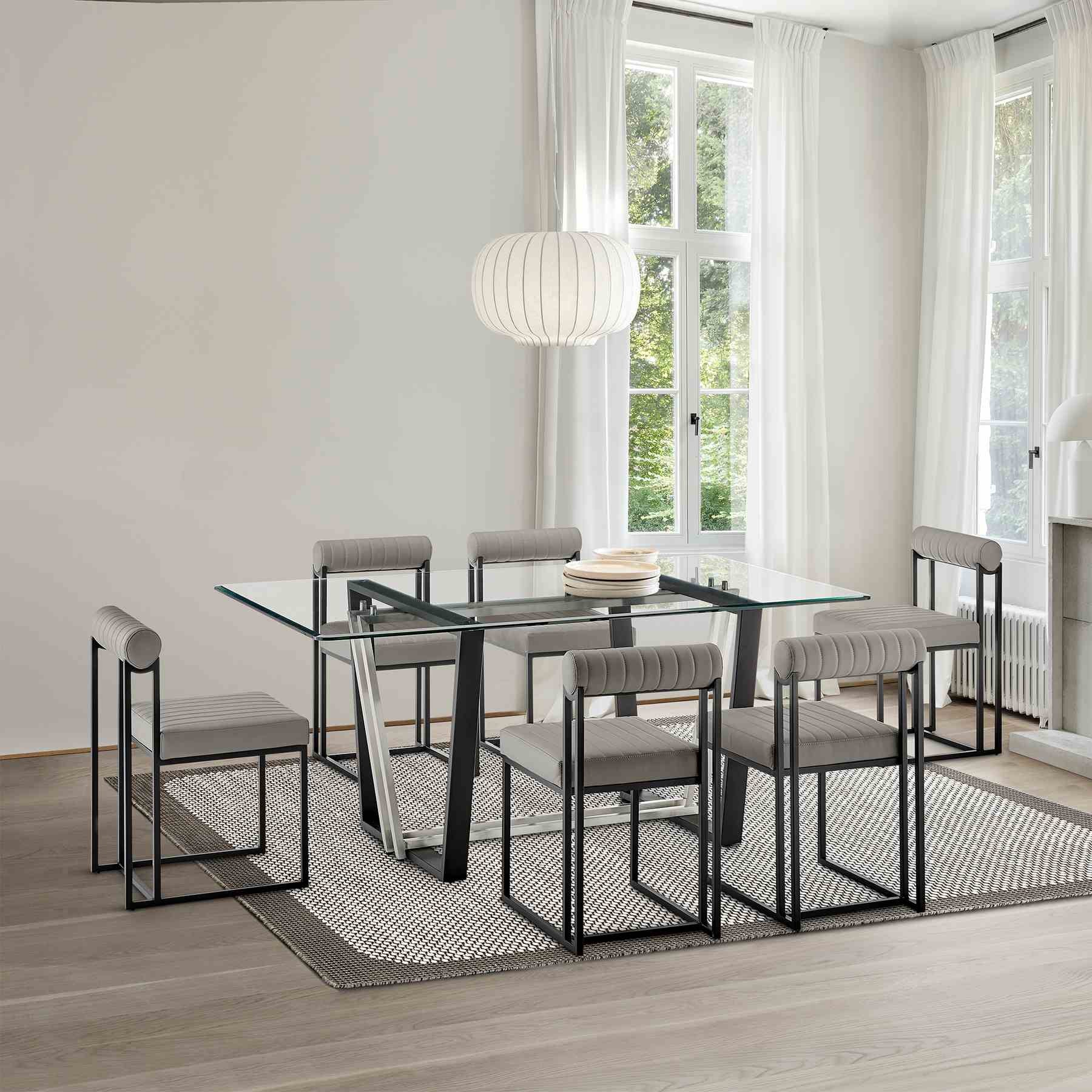 Kai Anastasia 7 Piece Rectangular Glass Dining Table Set with Matte Black Iron and Light Gray Faux Leather - Image 11