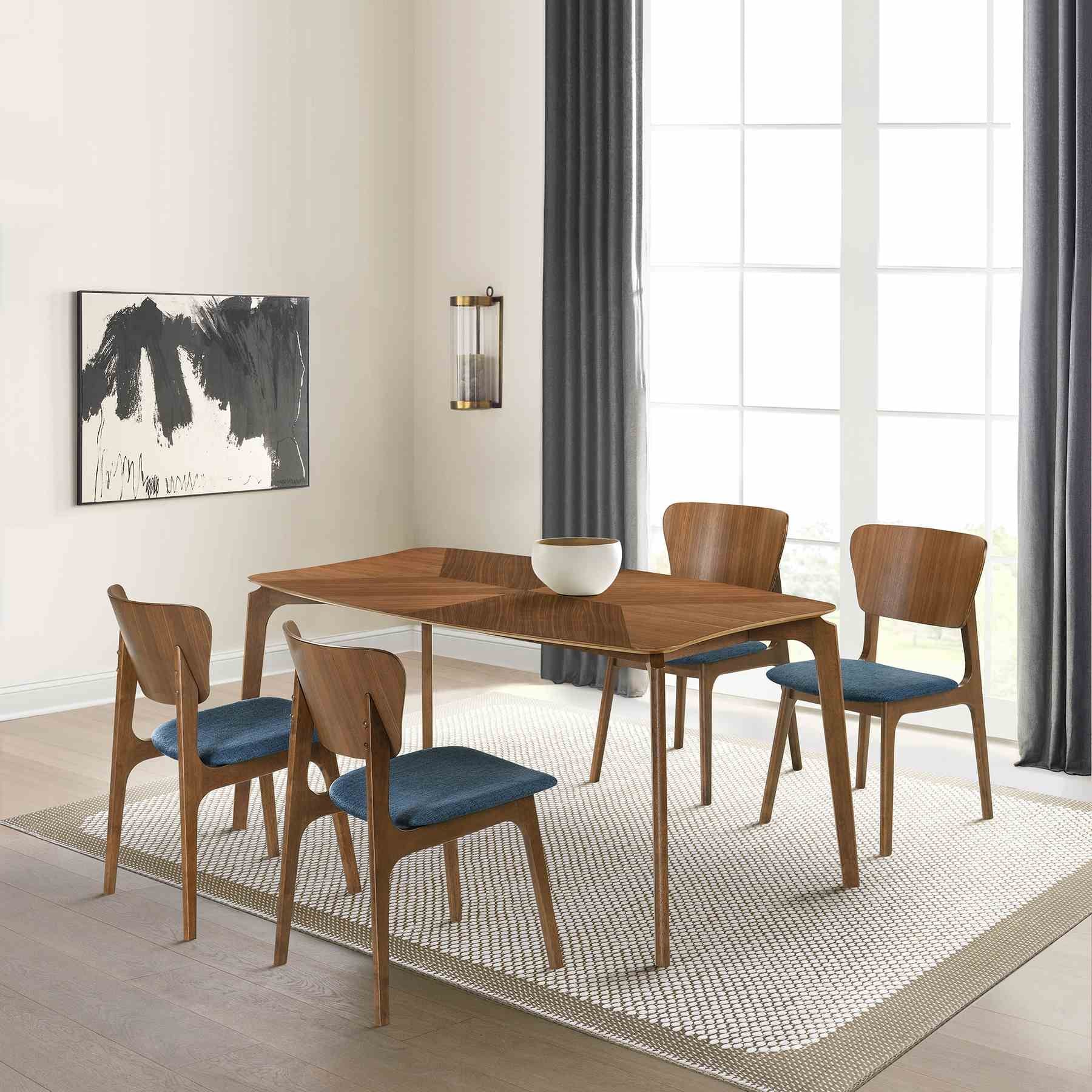 Kalia 5 Piece Wood Dining Set in Walnut Finish with Blue Fabric - Image 11