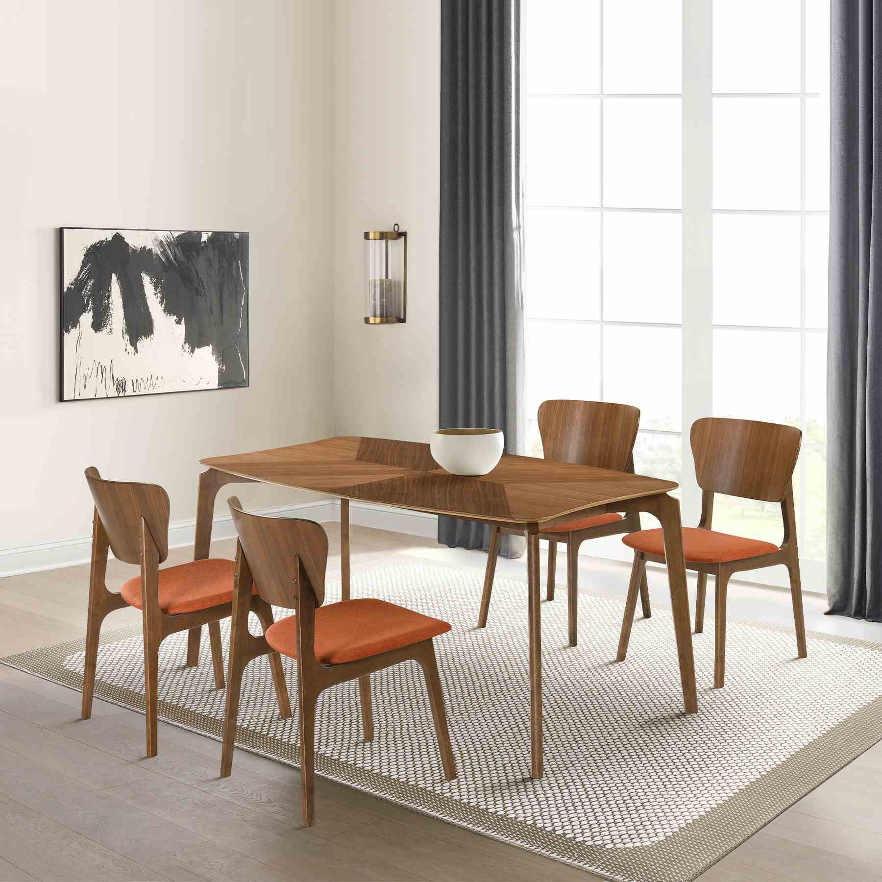 Kalia 5 Piece Wood Dining Set in Walnut Finish with Orange Fabric - Image 11