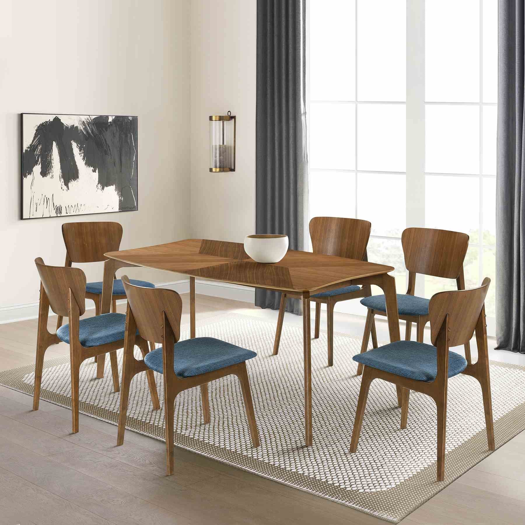 Kalia 7 Piece Wood Dining Set in Walnut Finish with Blue Fabric - Image 11