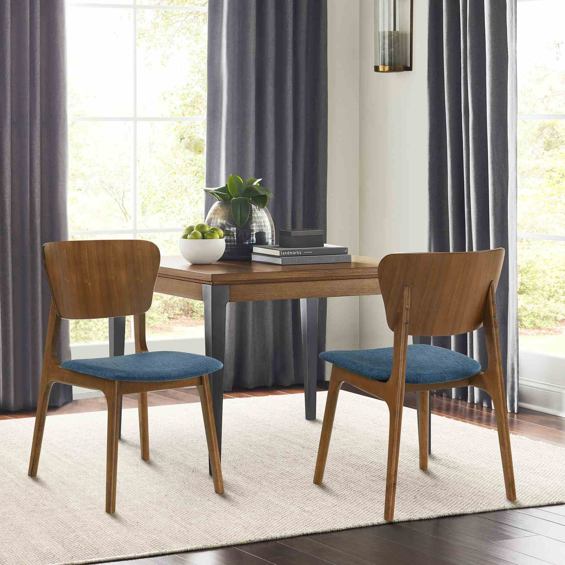 Kalia Wood Dining Chair in Walnut Finish with Blue Fabric - Set of 2 - Image 8