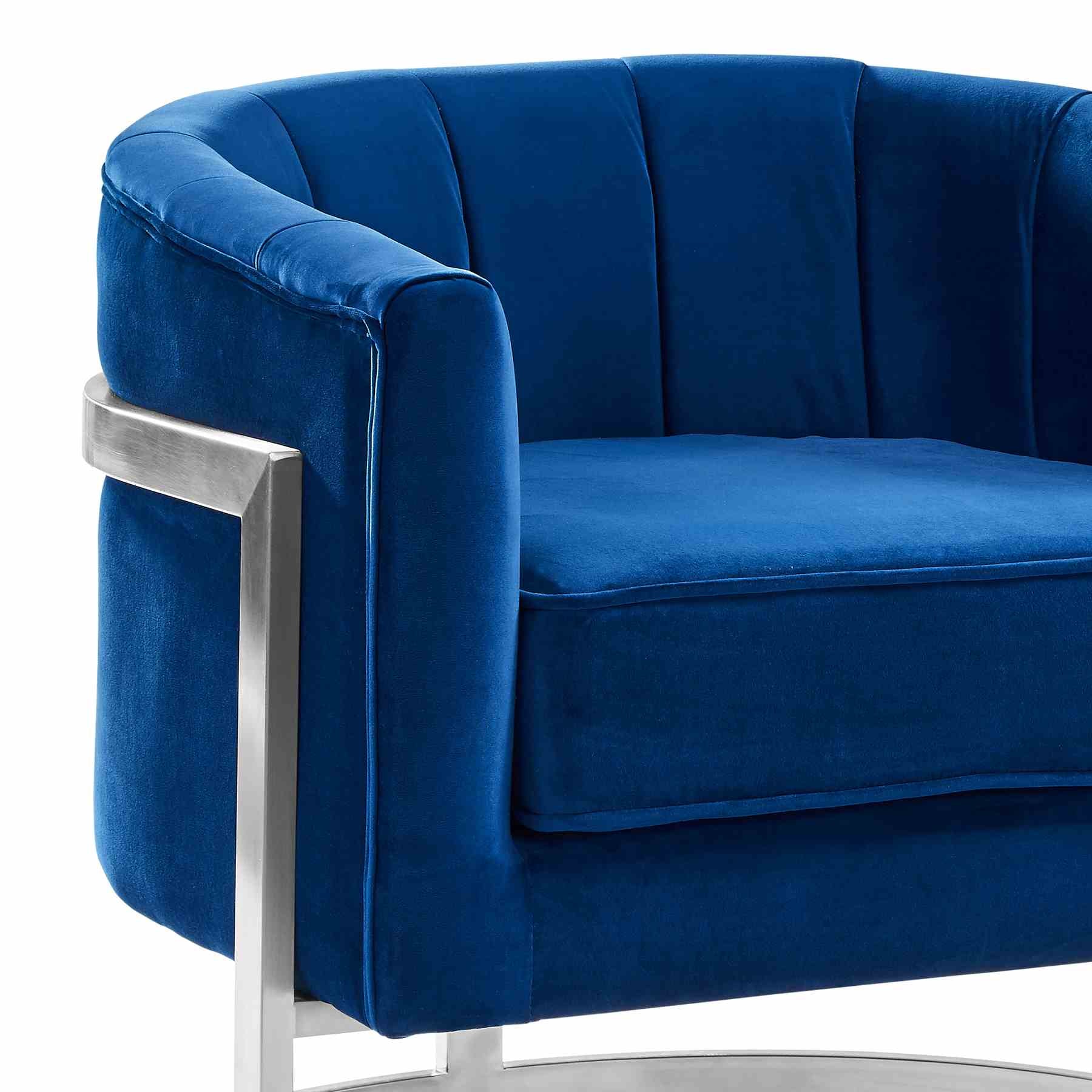 Kamila Contemporary Accent Chair in Blue Velvet and Brushed Stainless Steel Finish - Image 2