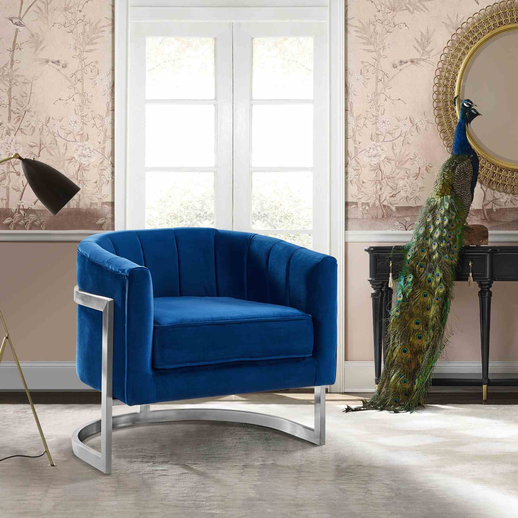 Kamila Contemporary Accent Chair in Blue Velvet and Brushed Stainless Steel Finish - Image 4
