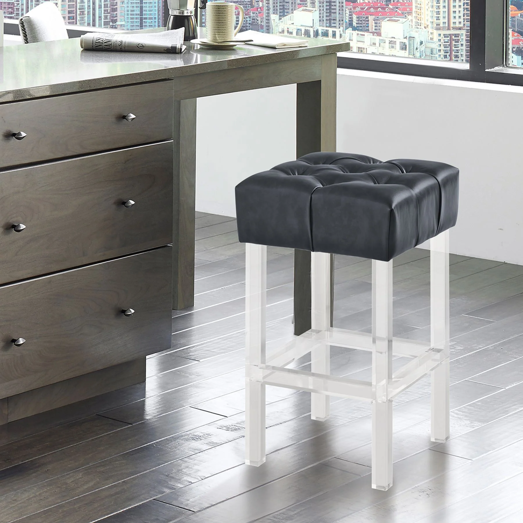Kara Contemporary 26" Counter Height Barstool in Gray Faux Leather with Acrylic Legs - Image 5