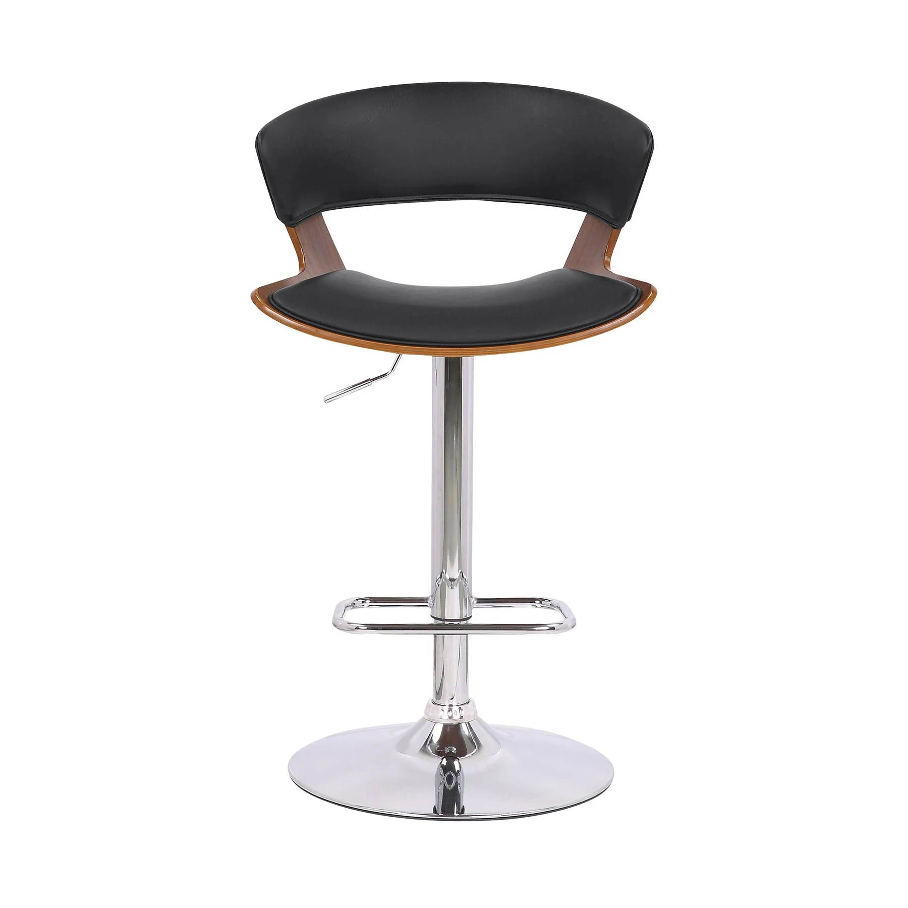 Karine Adjustable Swivel Black Faux Leather and Walnut Wood Bar Stool with Chrome Base - Image 2