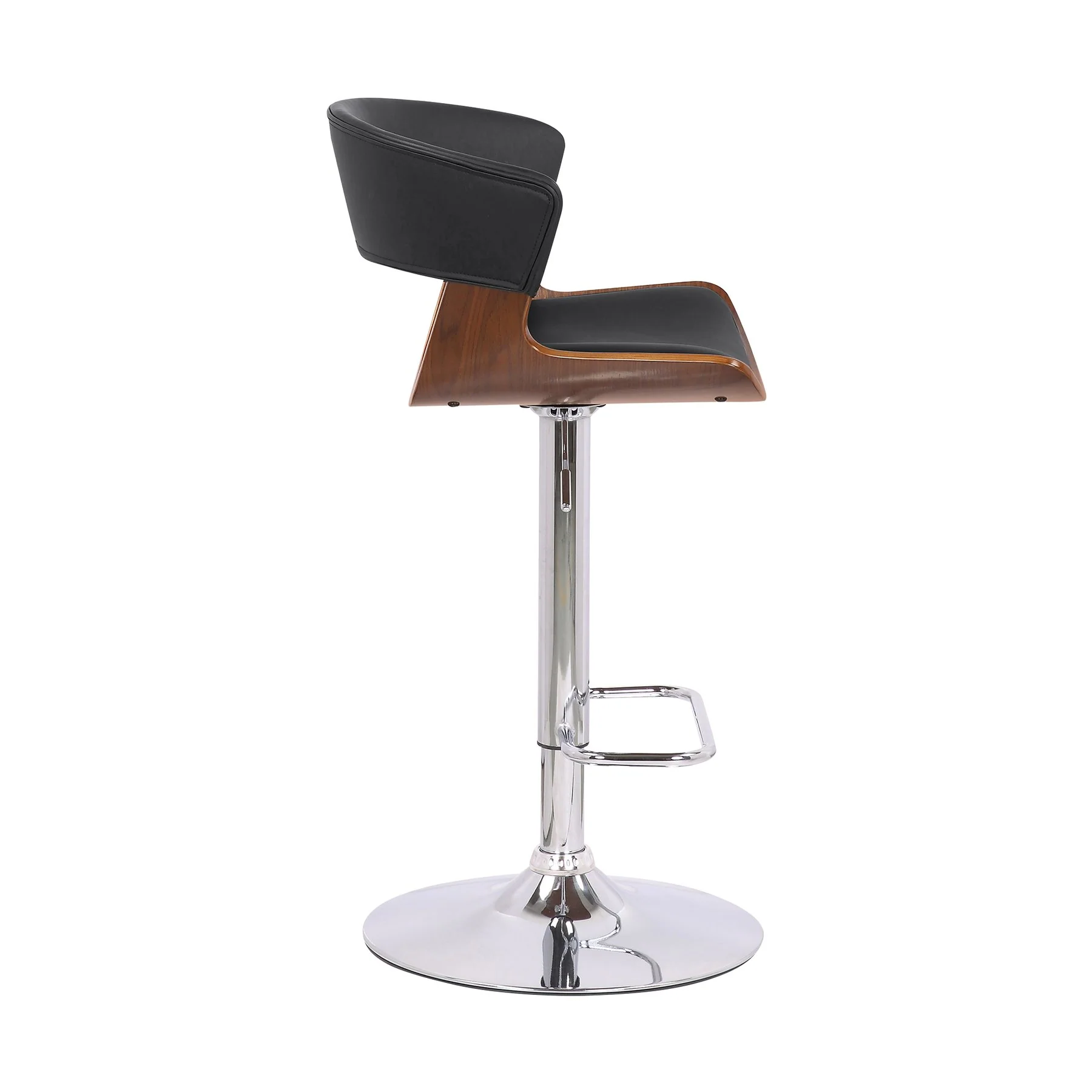 Karine Adjustable Swivel Black Faux Leather and Walnut Wood Bar Stool with Chrome Base - Image 3