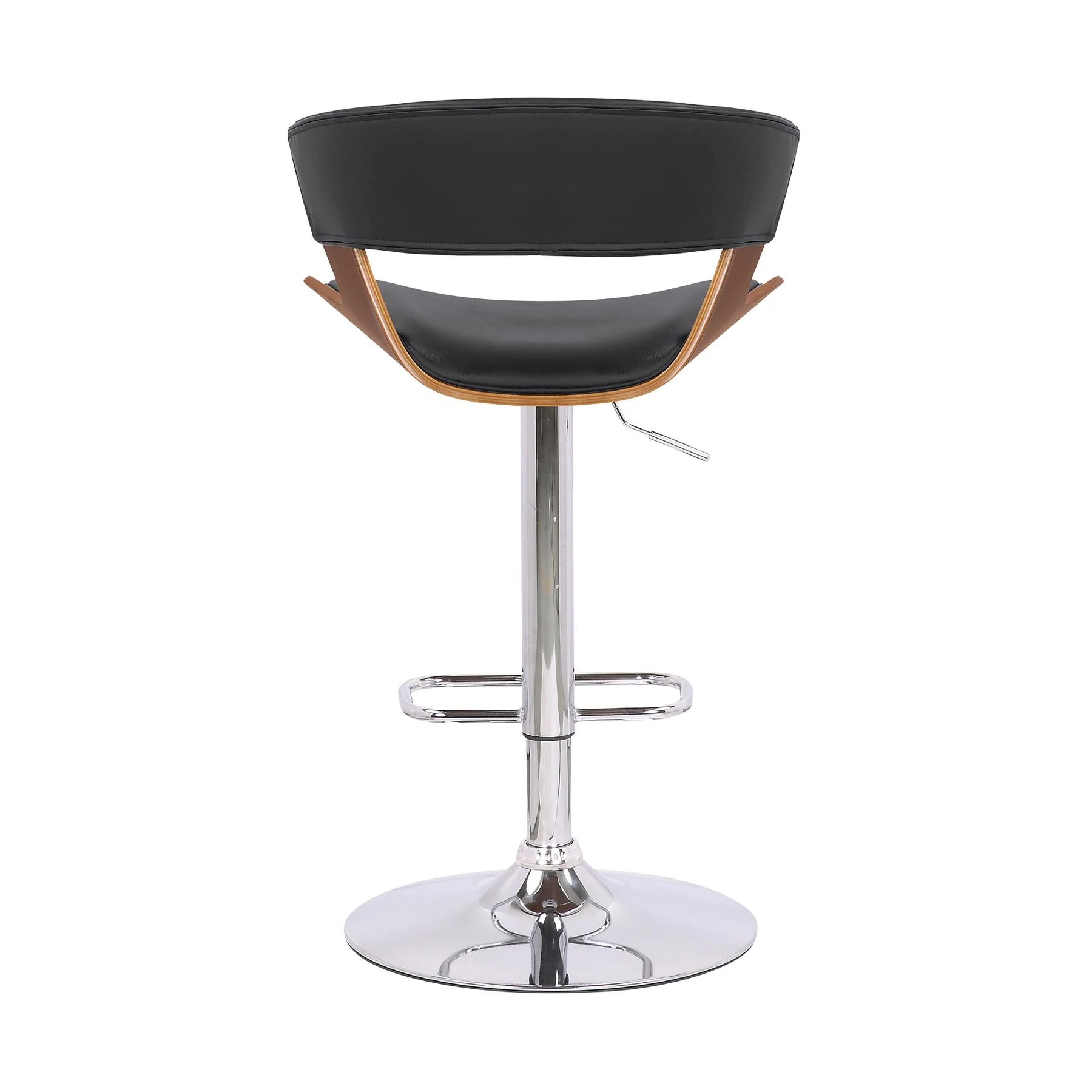 Karine Adjustable Swivel Black Faux Leather and Walnut Wood Bar Stool with Chrome Base - Image 5