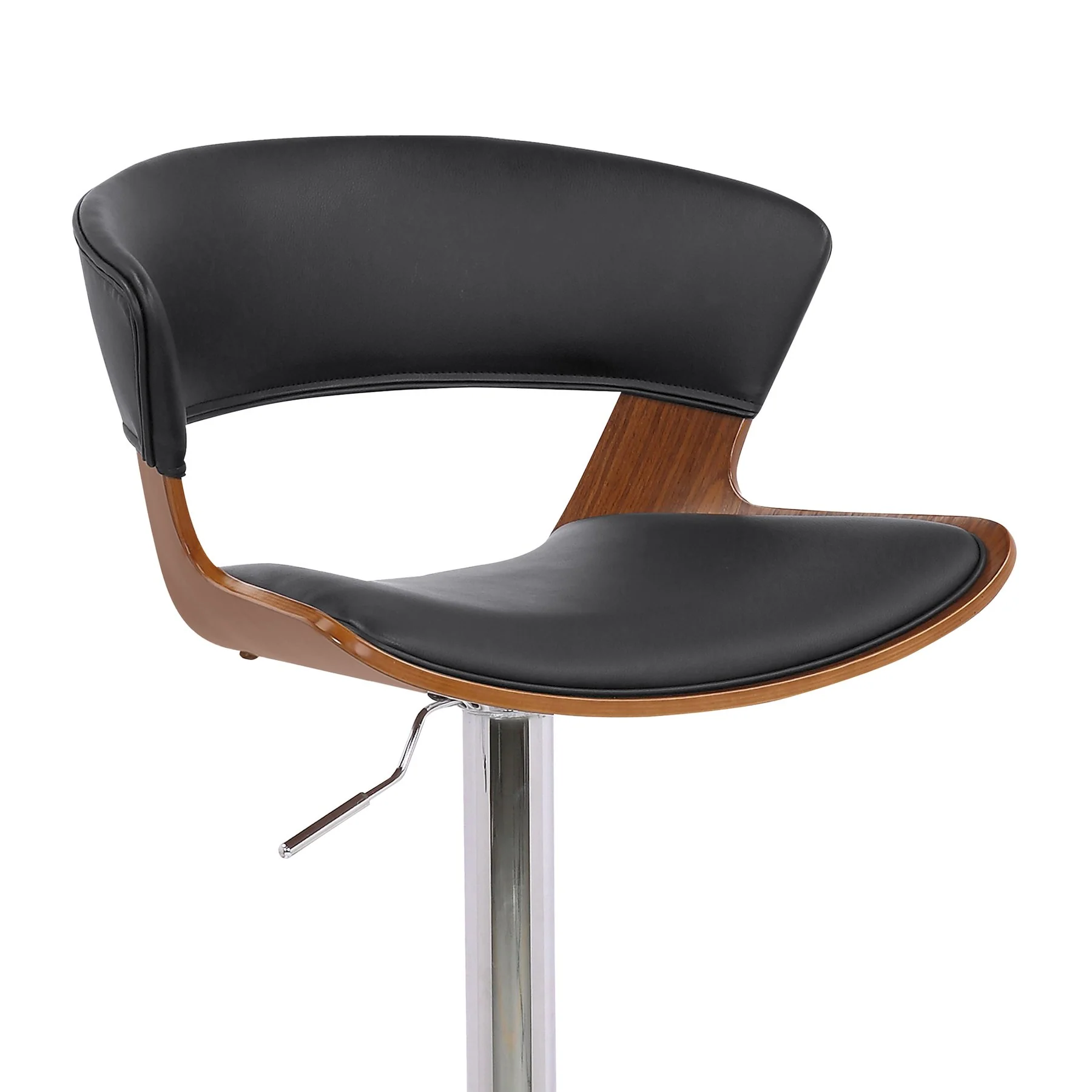 Karine Adjustable Swivel Black Faux Leather and Walnut Wood Bar Stool with Chrome Base - Image 6