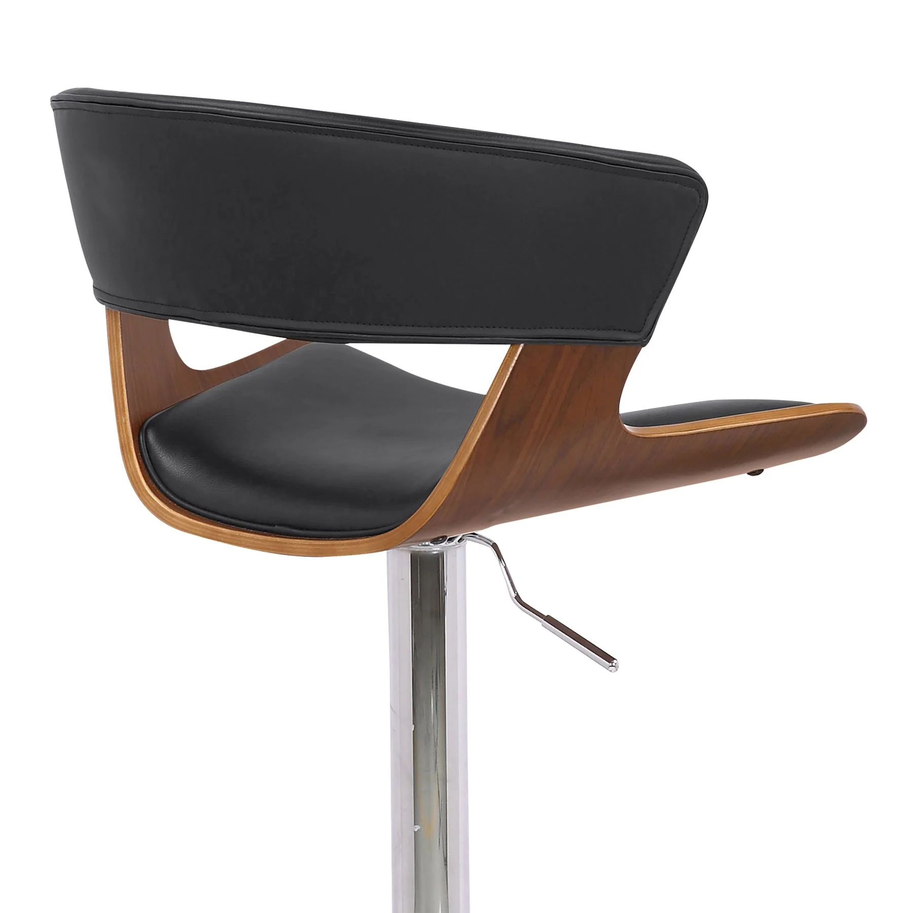 Karine Adjustable Swivel Black Faux Leather and Walnut Wood Bar Stool with Chrome Base - Image 7