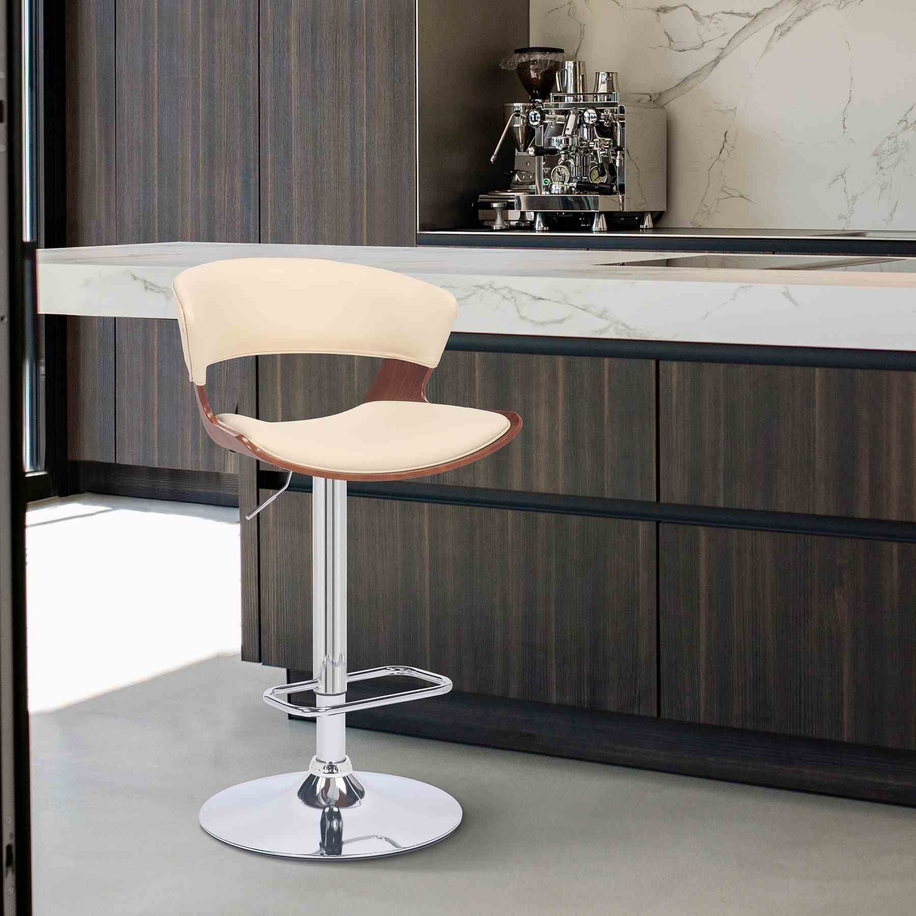 Karine Adjustable Swivel Cream Faux Leather and Walnut Wood Bar Stool with Chrome Base - Image 10