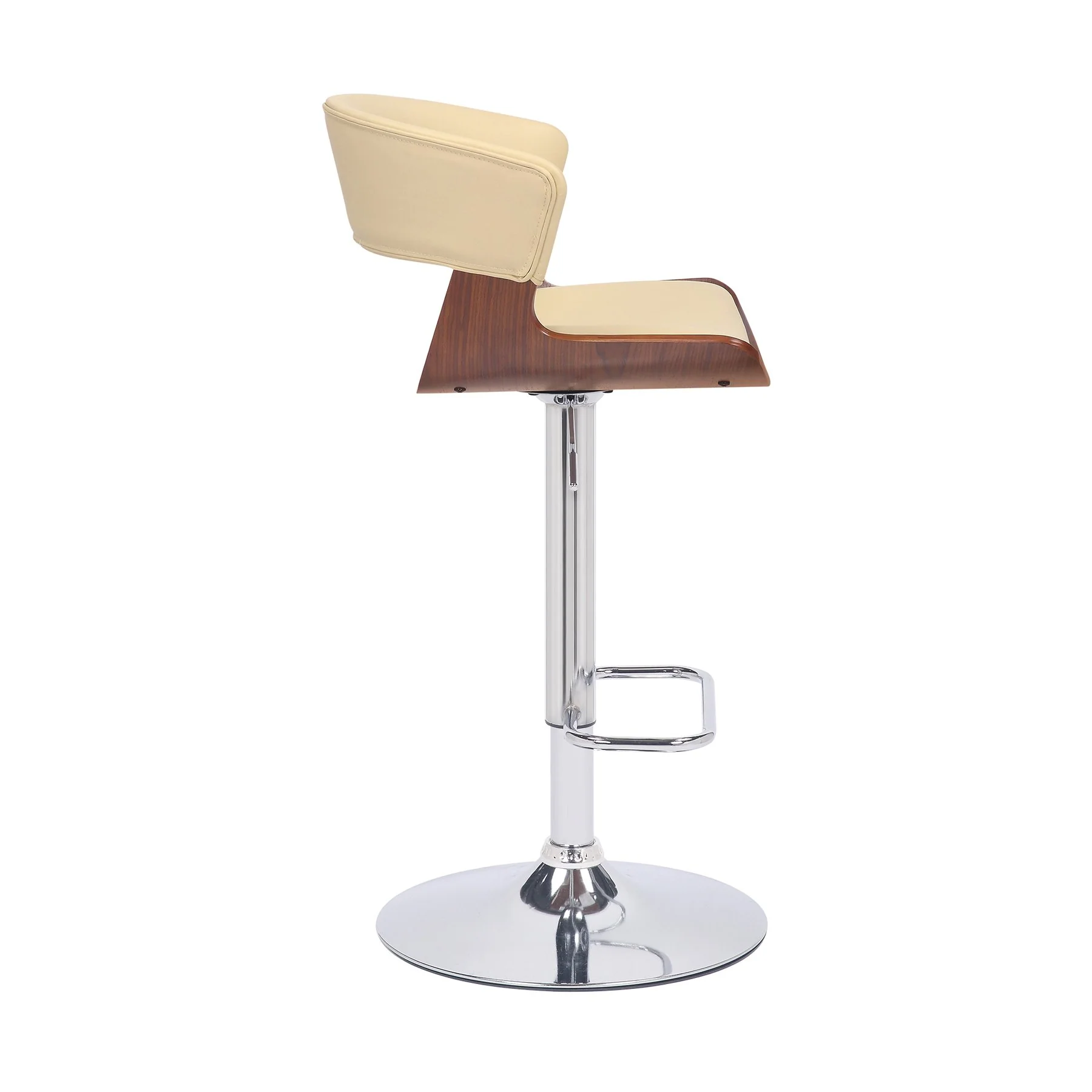 Karine Adjustable Swivel Cream Faux Leather and Walnut Wood Bar Stool with Chrome Base - Image 3