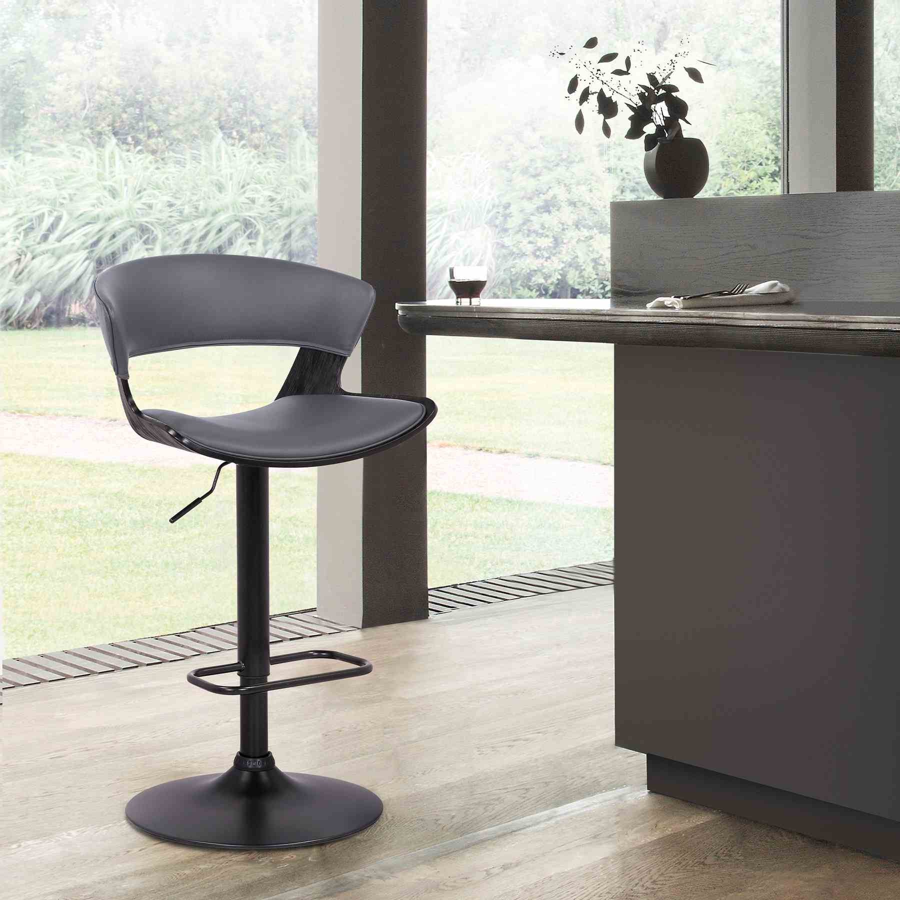 Karine Adjustable Swivel Gray Faux Leather and Black Wood Bar Stool with Black Base - Image 10