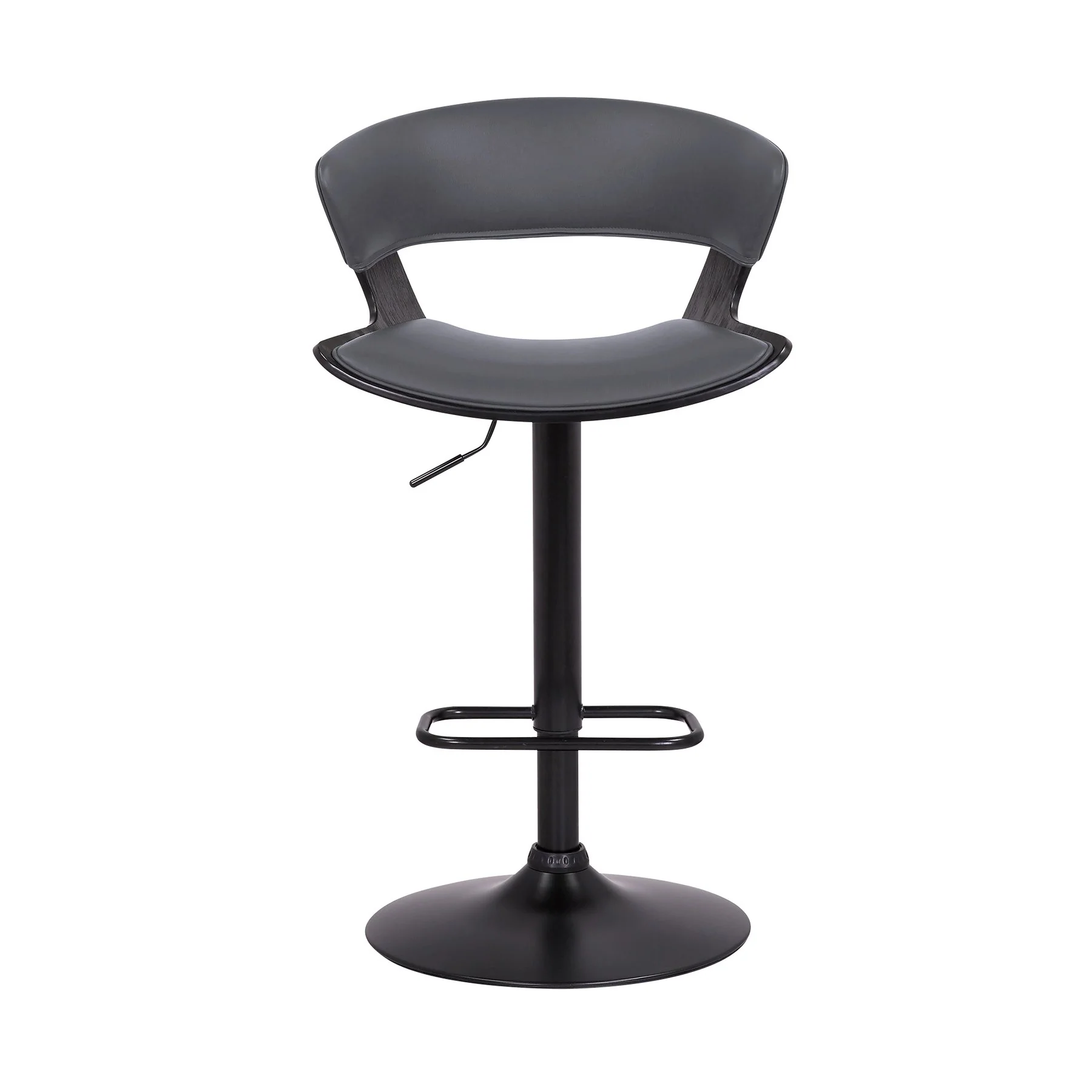Karine Adjustable Swivel Gray Faux Leather and Black Wood Bar Stool with Black Base - Image 2