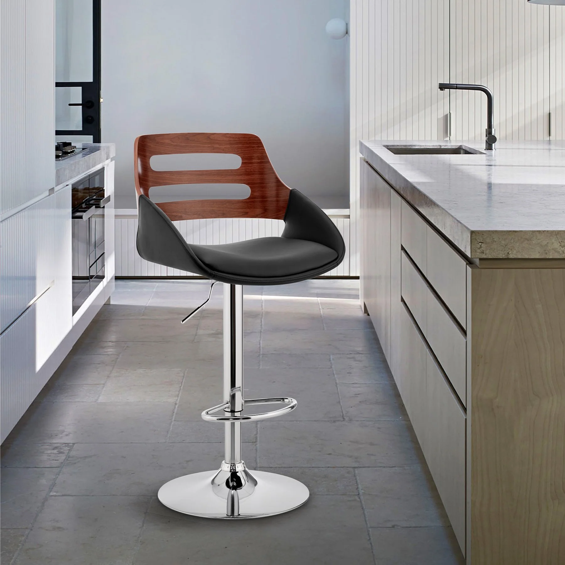 Karter Adjustable Black Faux Leather and Walnut Wood Bar Stool with Chrome Base - Image 10
