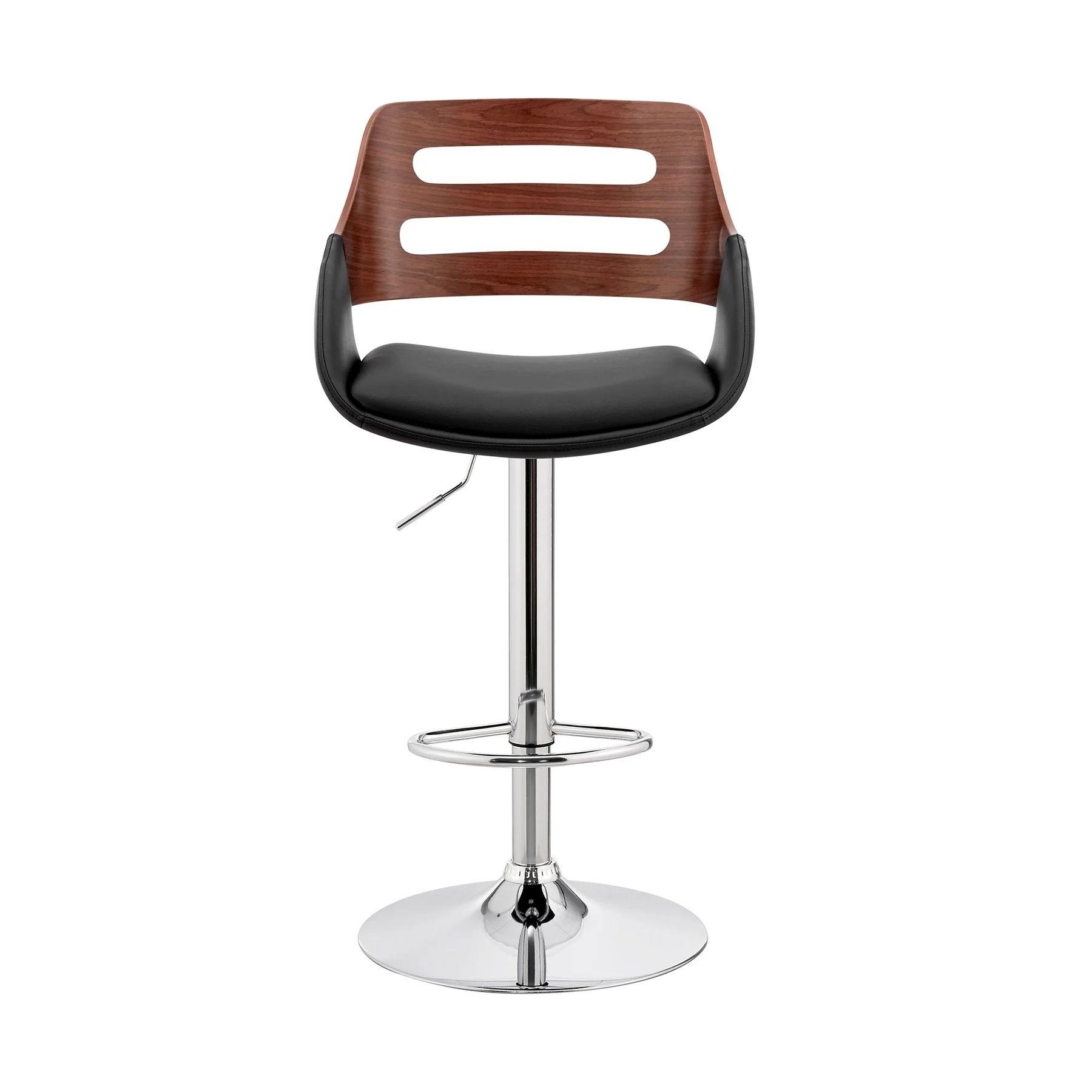 Karter Adjustable Black Faux Leather and Walnut Wood Bar Stool with Chrome Base - Image 2
