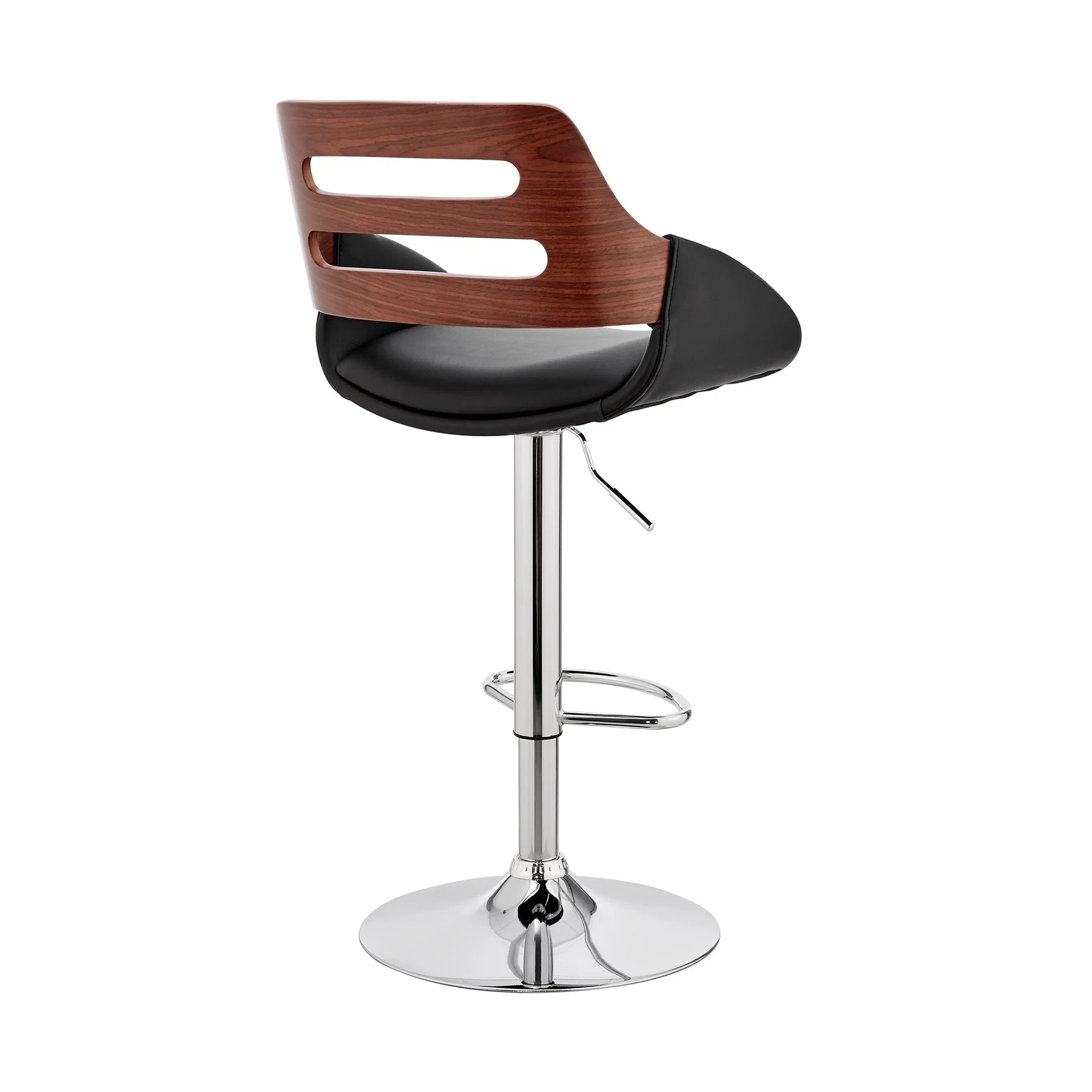 Karter Adjustable Black Faux Leather and Walnut Wood Bar Stool with Chrome Base - Image 4