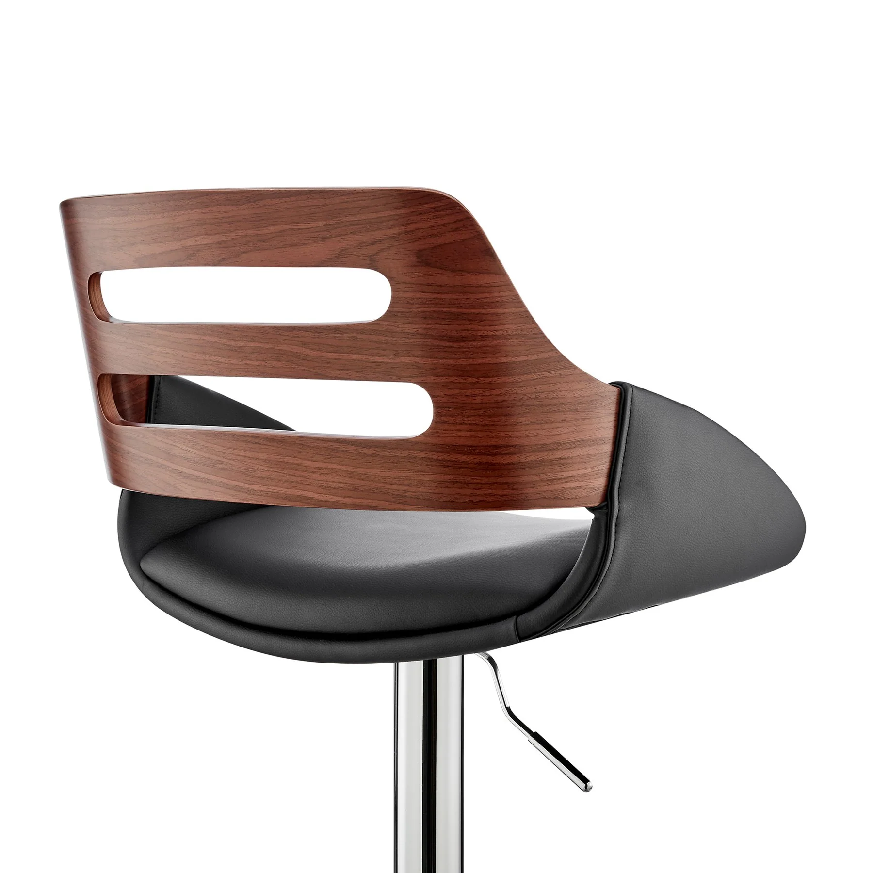 Karter Adjustable Black Faux Leather and Walnut Wood Bar Stool with Chrome Base - Image 7