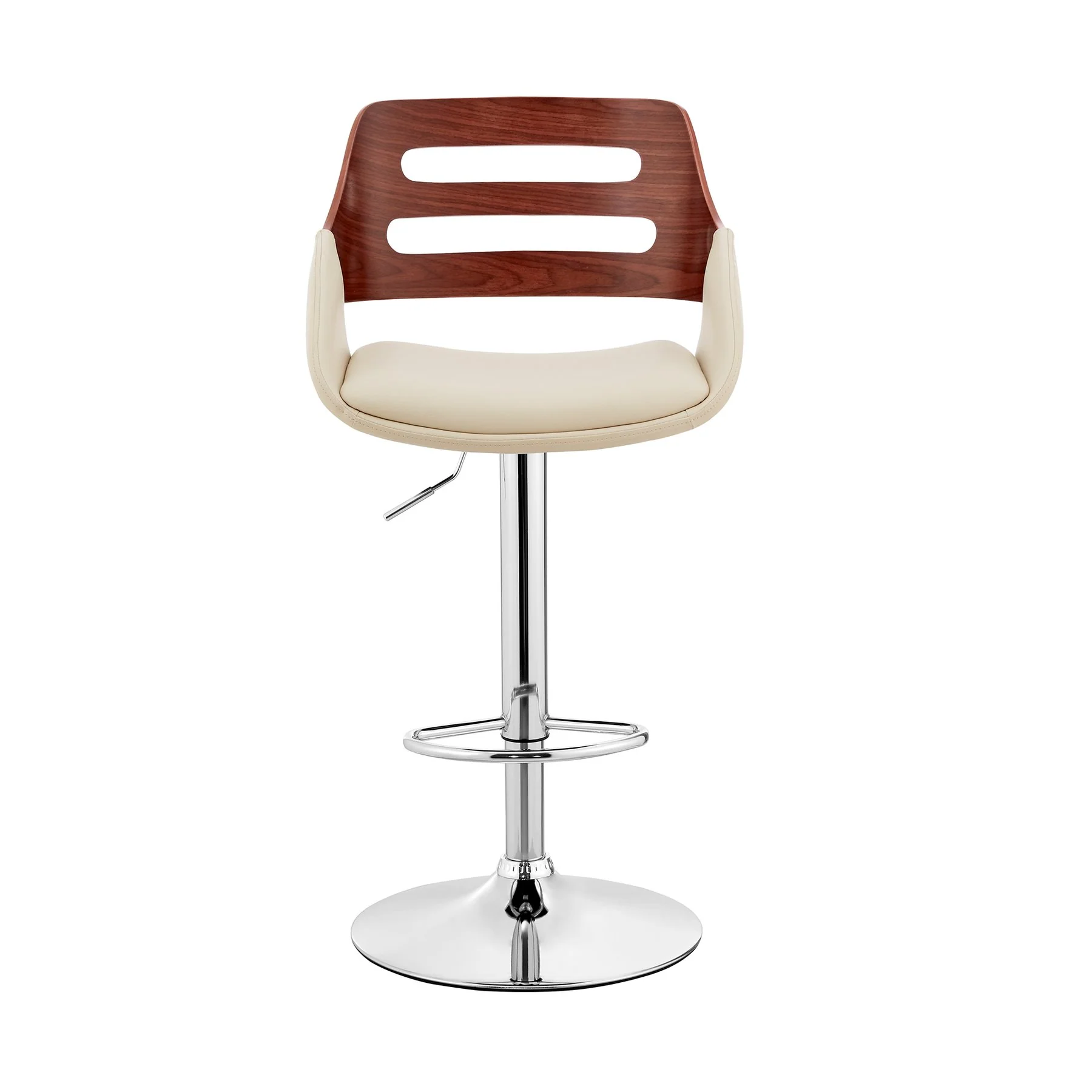 Karter Adjustable Cream Faux Leather and Walnut Wood Bar Stool with Chrome Base - Image 2