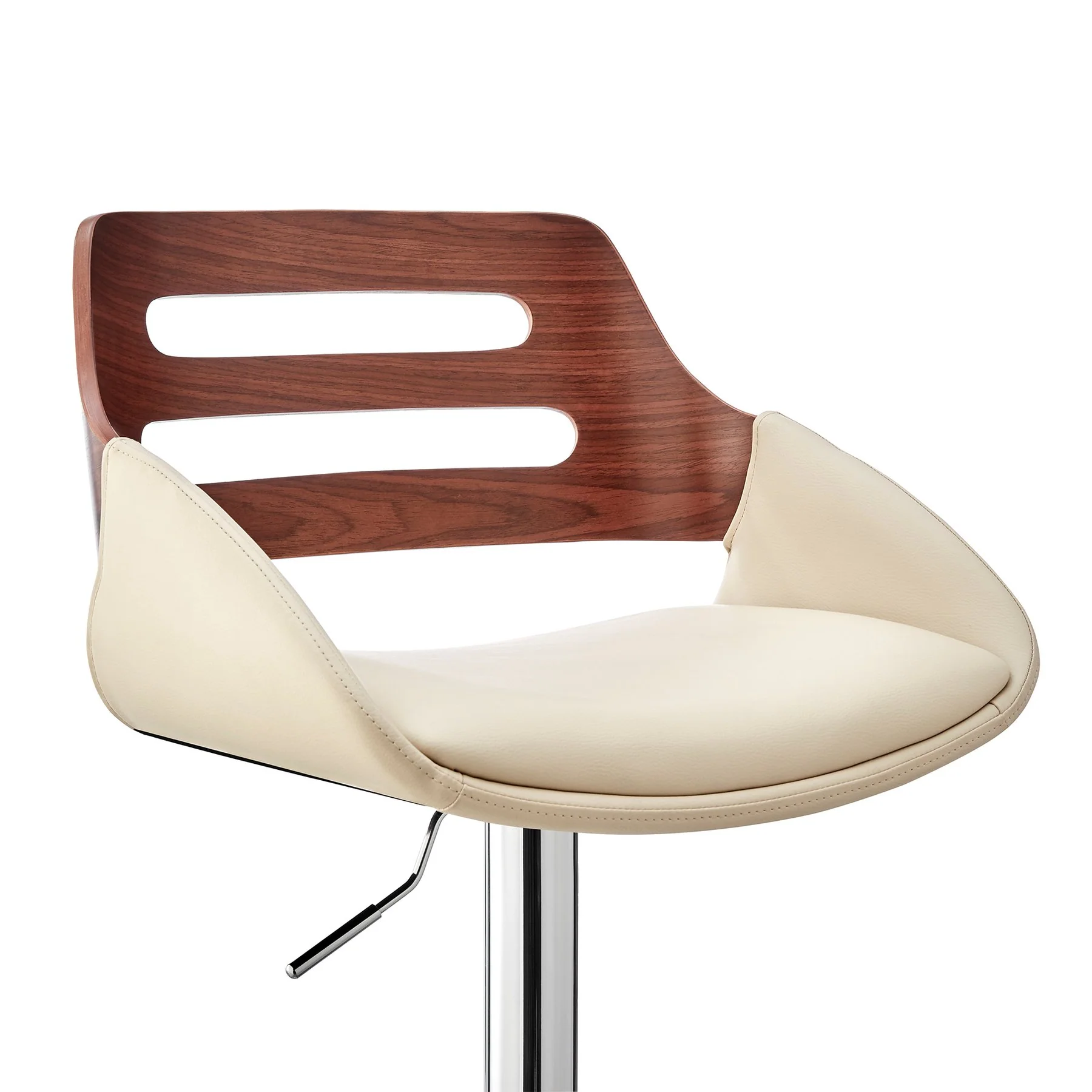 Karter Adjustable Cream Faux Leather and Walnut Wood Bar Stool with Chrome Base - Image 6
