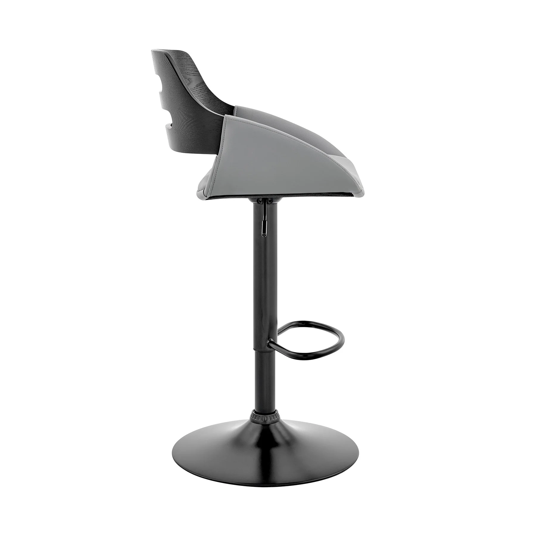 Karter Adjustable Gray Faux Leather and Black Wood Bar Stool with Black Base - Image 3