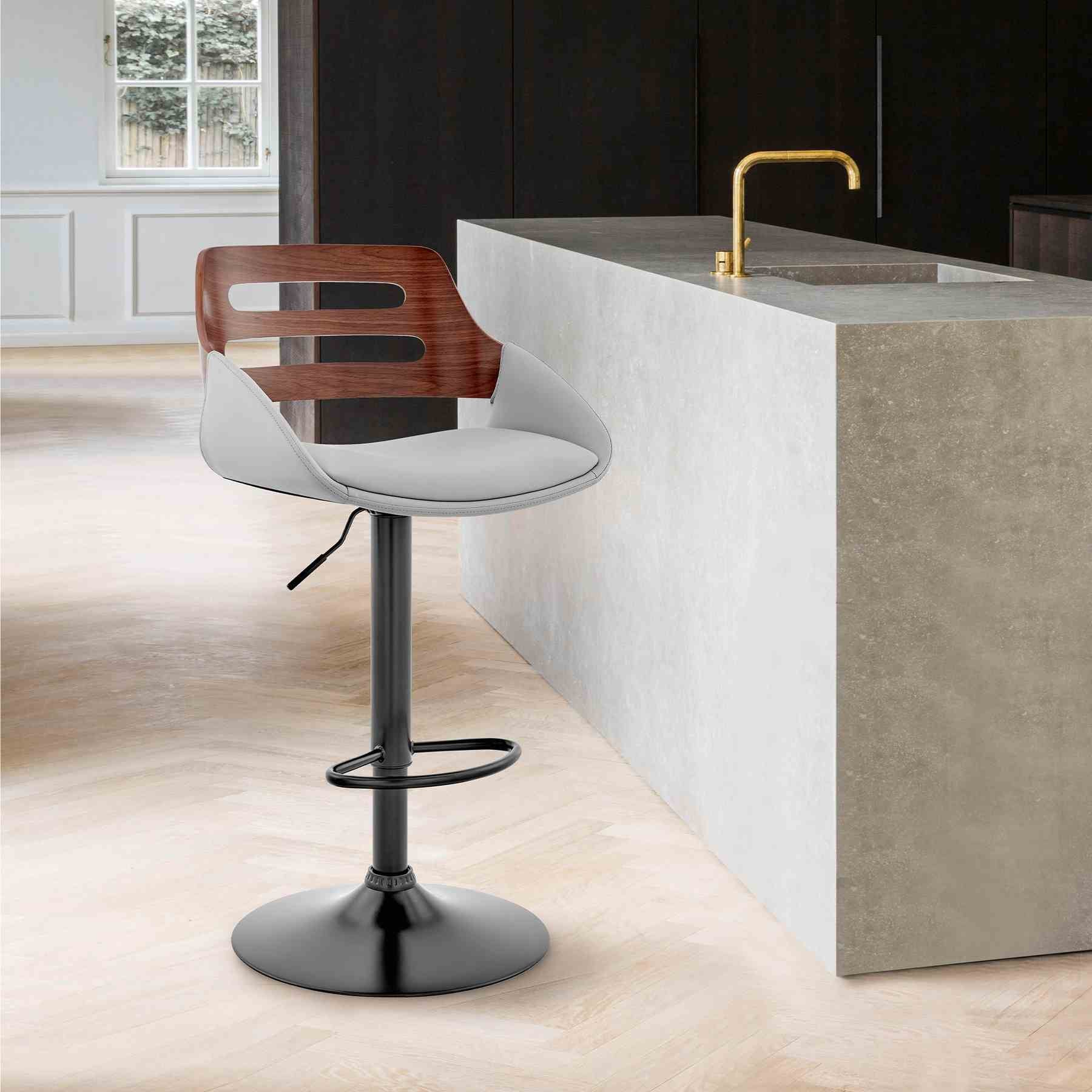Karter Adjustable Gray Faux Leather and Walnut Wood Bar Stool with Black Base - Image 10