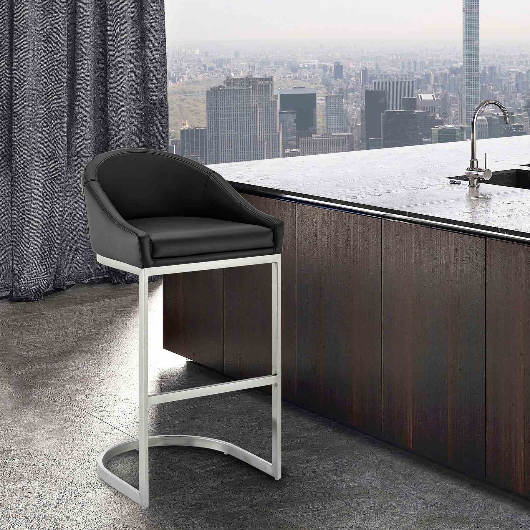 Katherine 26" Counter Stool in Brushed Stainless Steel with Black Faux Leather - Image 10