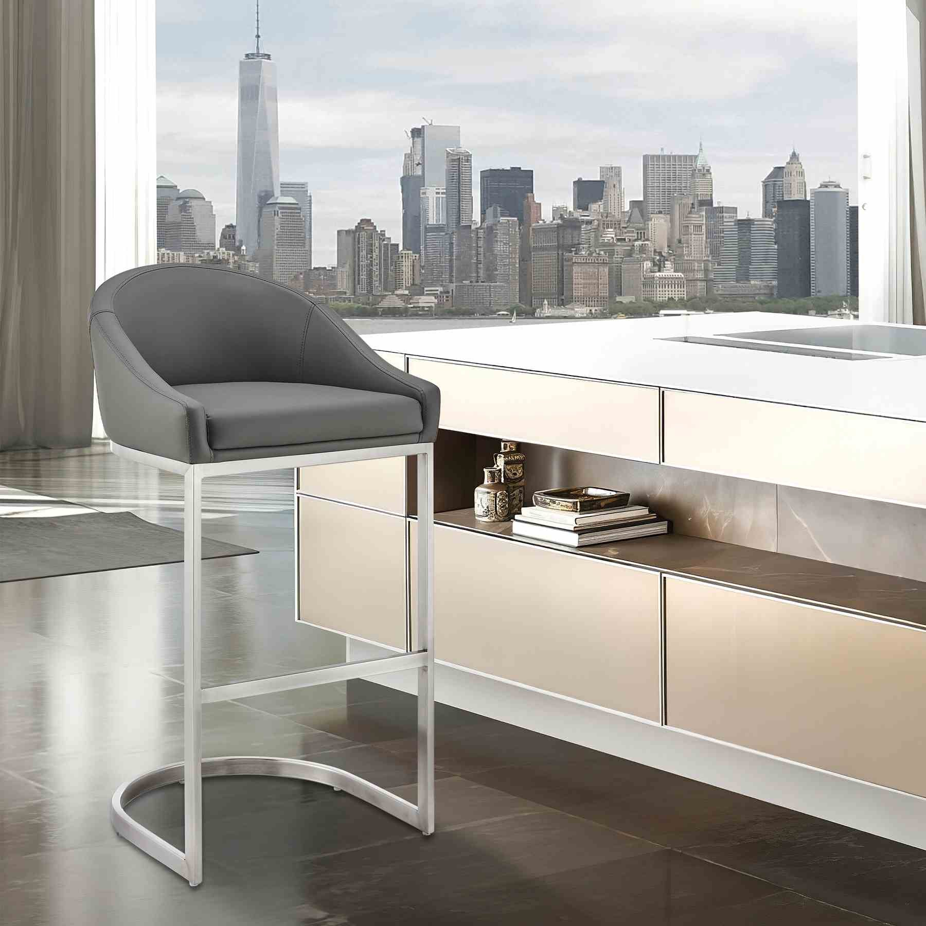 Katherine 30" Bar Stool in Brushed Stainless Steel with Gray Faux Leather - Image 10