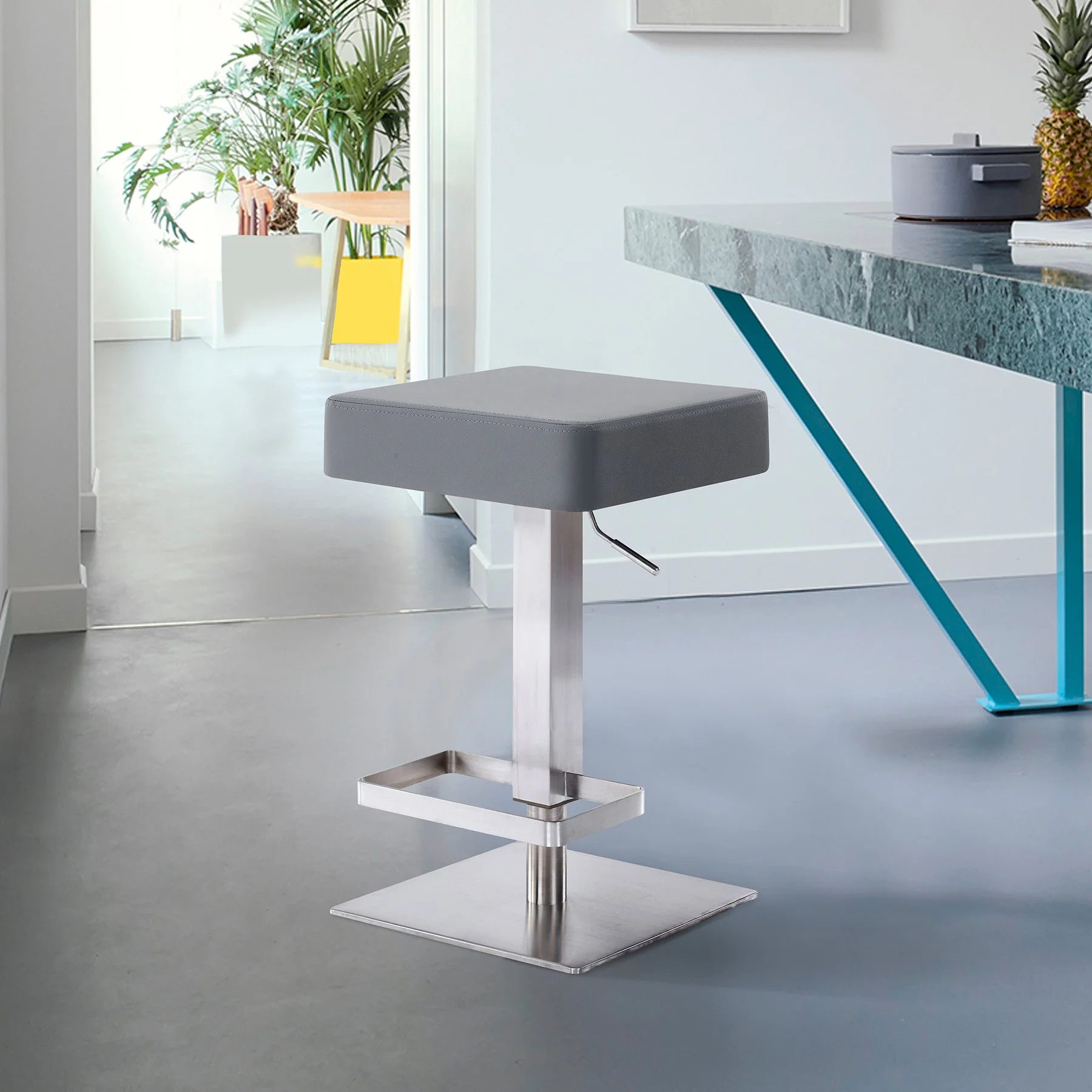Kaylee Adjustable Height Swivel Gray Faux Leather and Brushed Stainless Steel Backless Bar Stool - Image 7