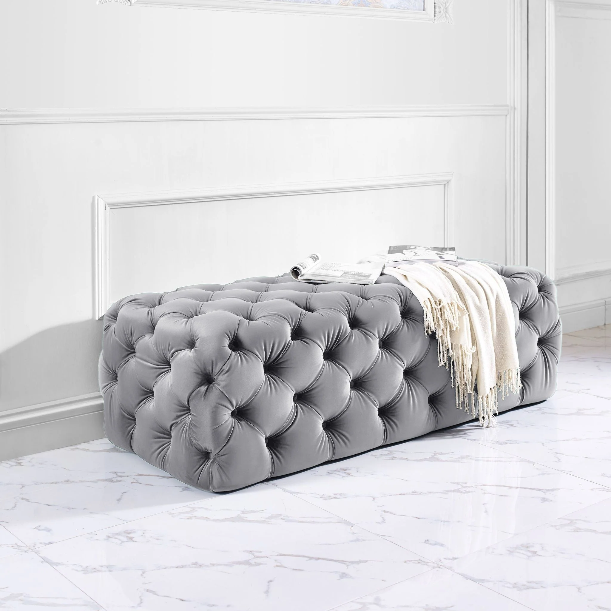 Kaylee Grey Velvet Ottoman - Image 2