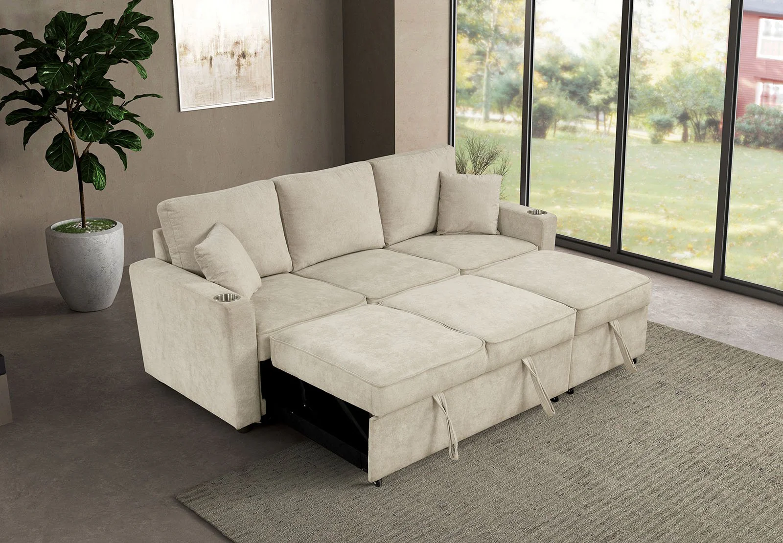 Kendal Sleeper Sofa Sectional w/ Cupholder, Beige - Image 4