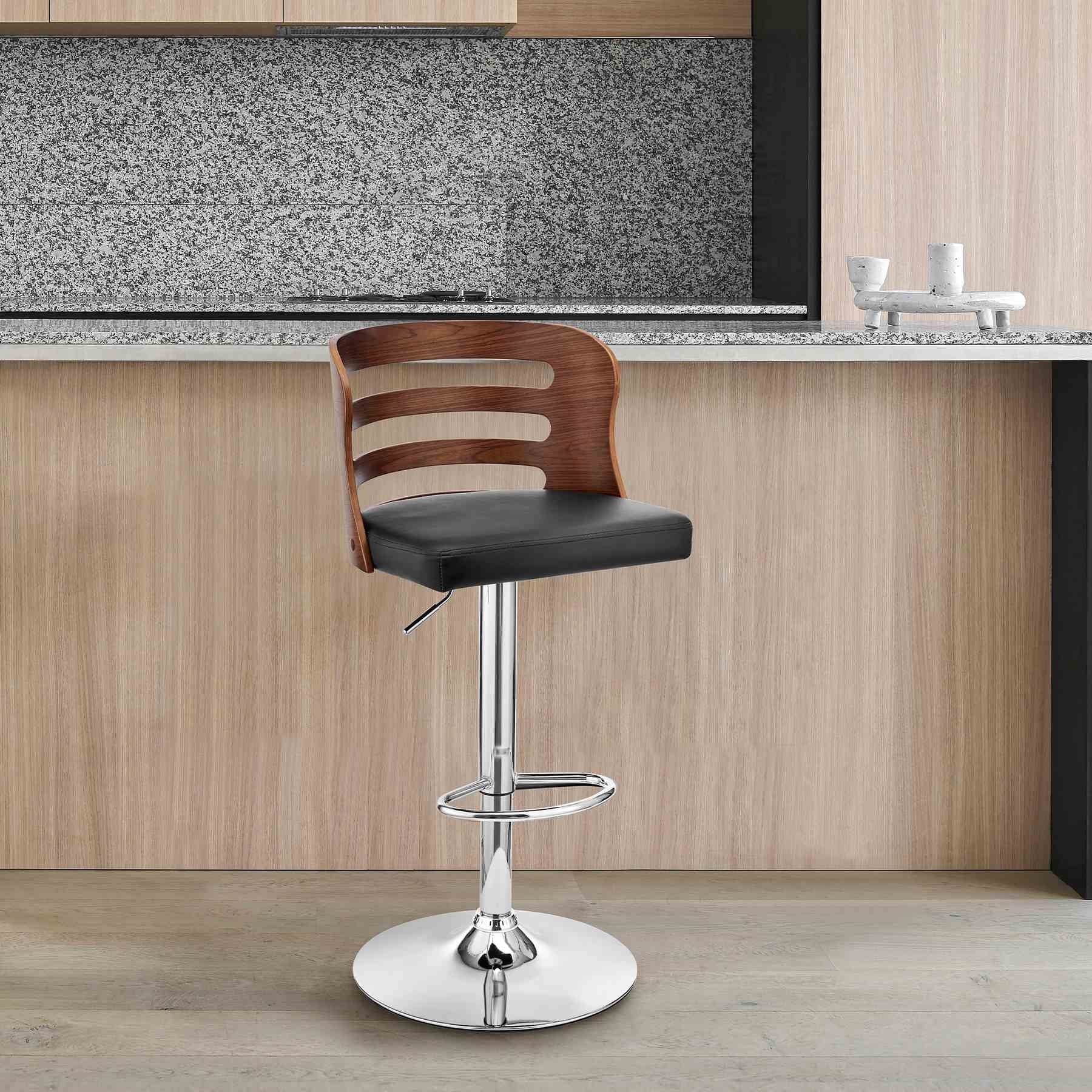 Khalia Adjustable Swivel Black Faux Leather and Walnut Wood Bar Stool with Chrome Base - Image 10