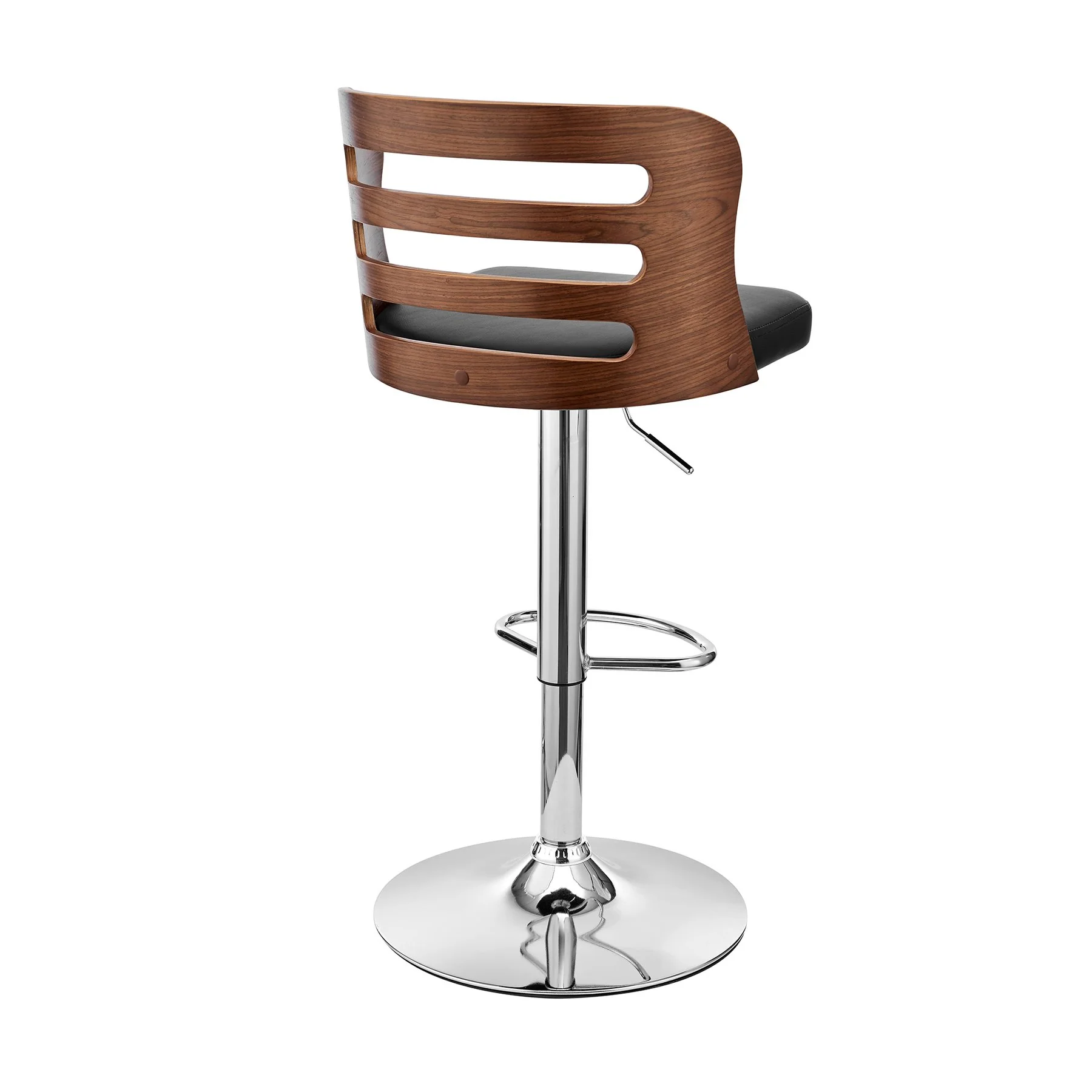 Khalia Adjustable Swivel Black Faux Leather and Walnut Wood Bar Stool with Chrome Base - Image 4