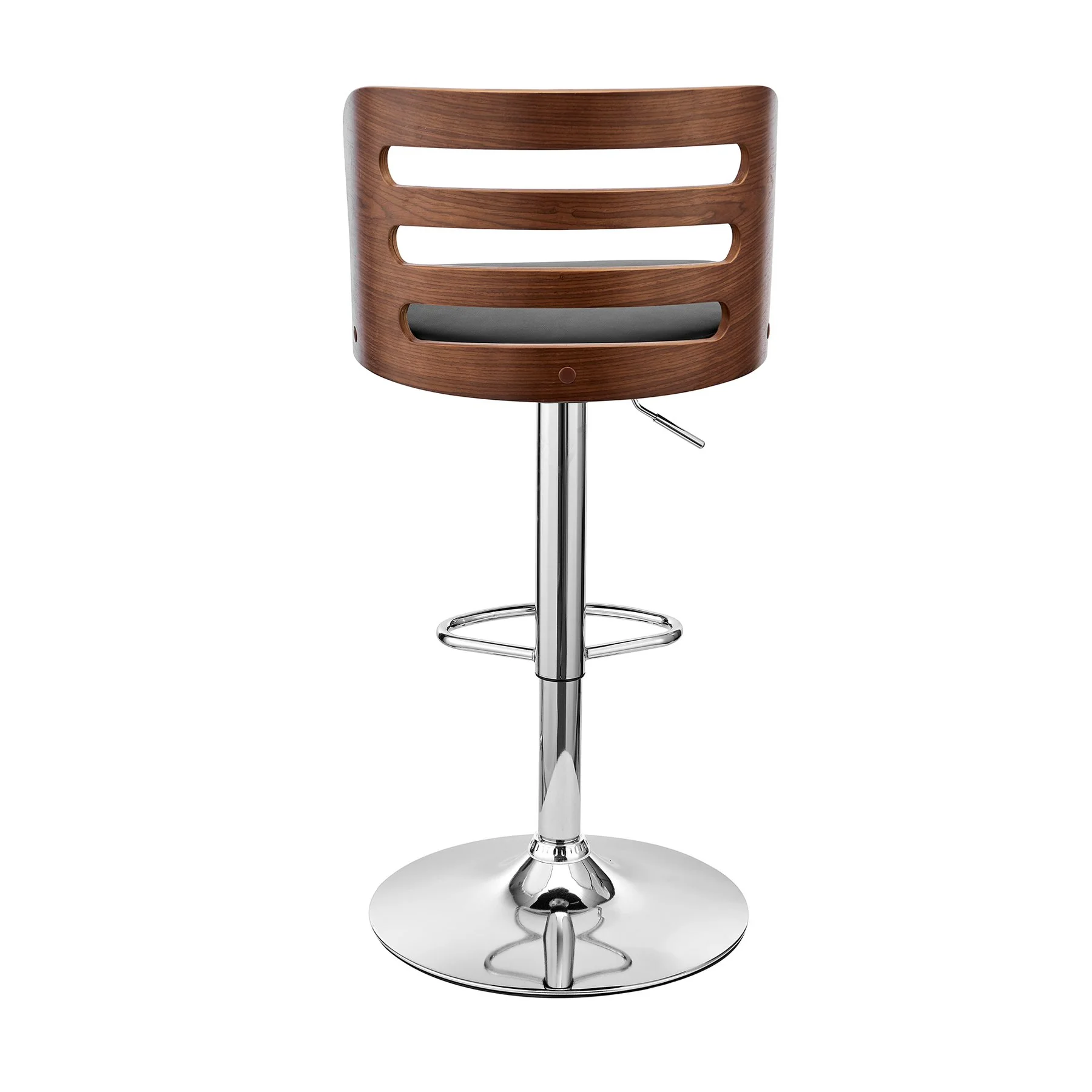 Khalia Adjustable Swivel Black Faux Leather and Walnut Wood Bar Stool with Chrome Base - Image 5
