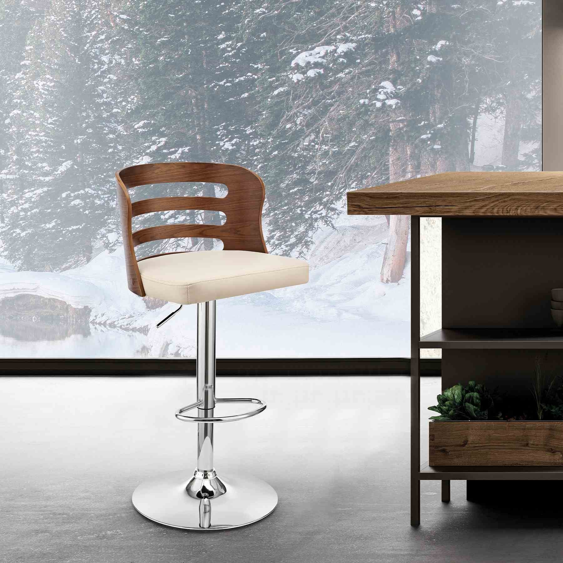 Khalia Adjustable Swivel Cream Faux Leather and Walnut Wood Bar Stool with Chrome Base - Image 10
